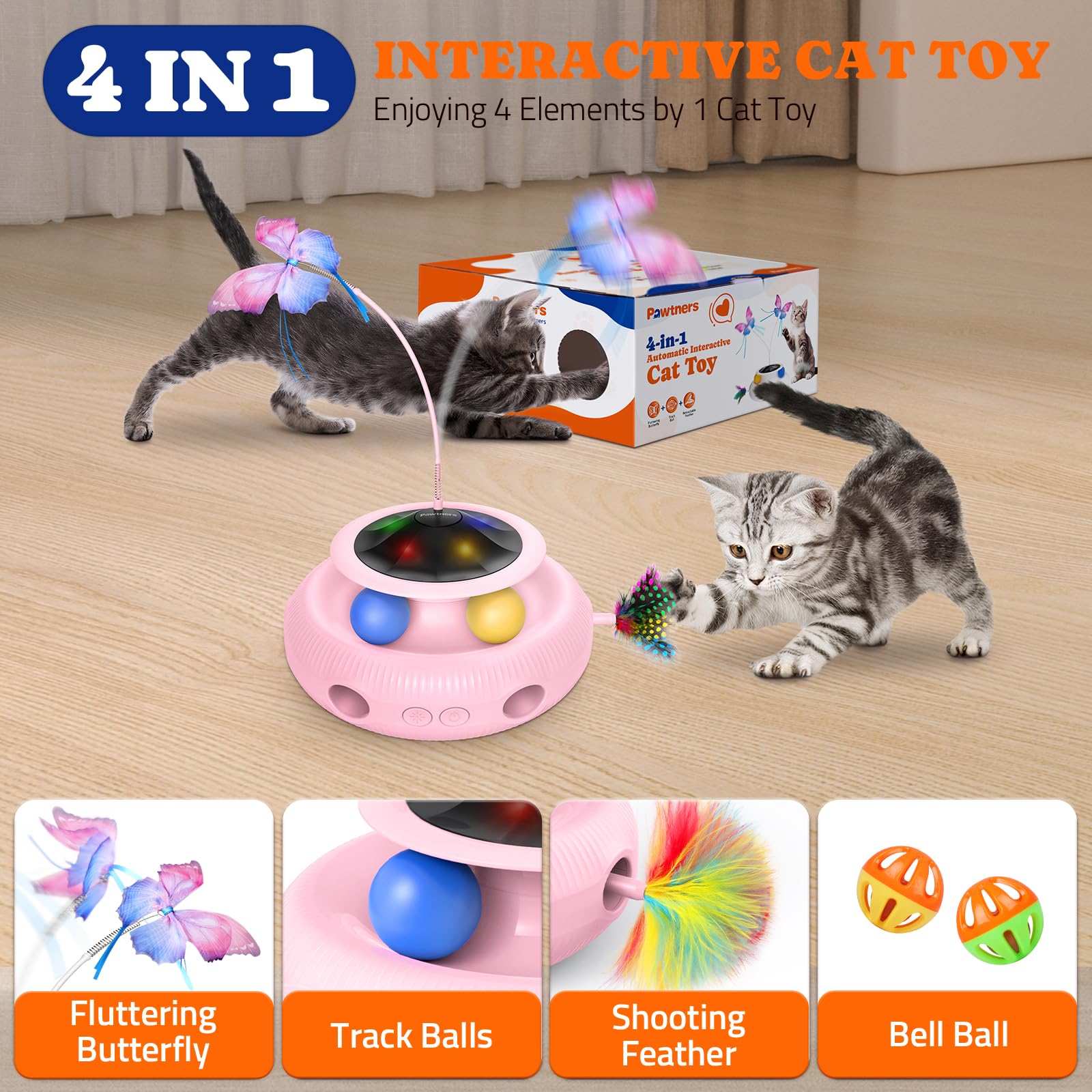Interactive Cat Toy: 4 In 1 Automatic Cat Toy For Indoor Cats, Electric Kitten Toy With Rechargeable Battery, Self Play Kitty To