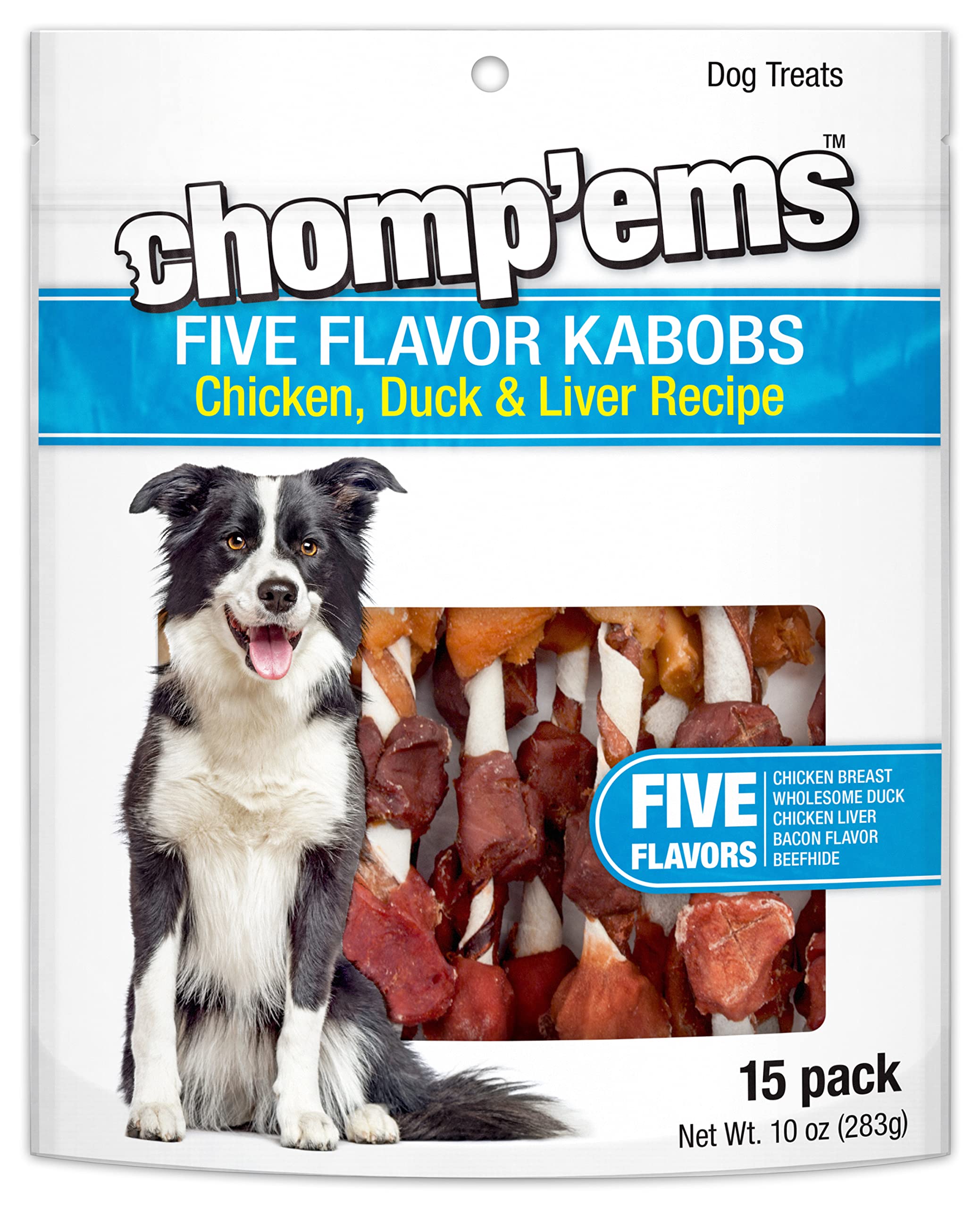 CHOMP EMS Five Flavor Kabobs Dog Treats - Beefhide Chewstick - High Protein Dog Chews, 15 Count