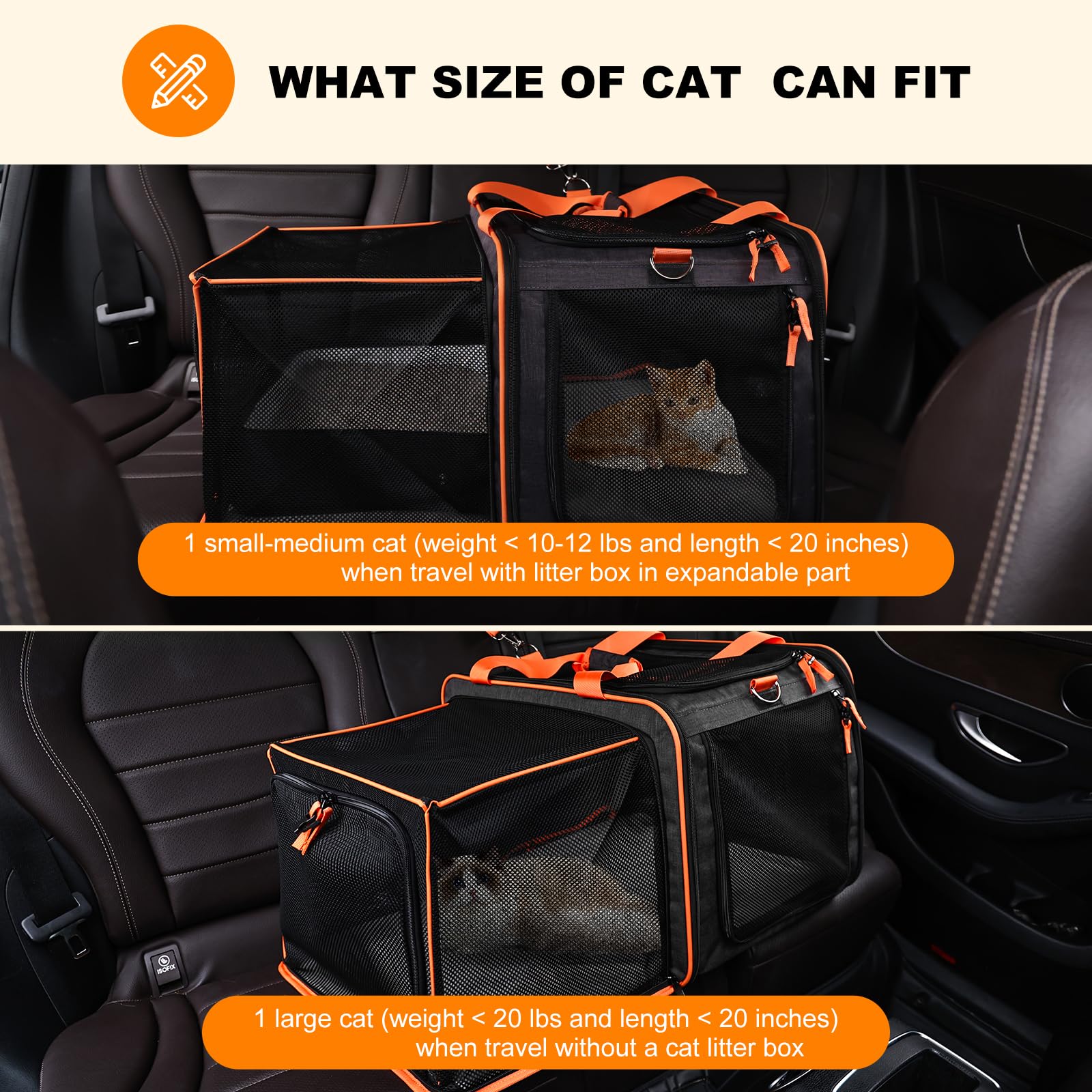 Pidipiti 20 x 14 x 14 Expandable cat car Travel Carrier for 1 Small-Medium cat,with a Portable Leakproof Small cat Litter Box