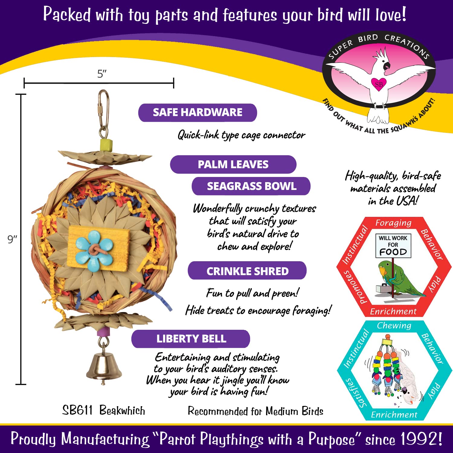 Super Bird Creations Sb611 Beakwhich Bird Toy - Interactive, Engaging Play Accessory, Ideal For Medium-Sized Parrots, Perfect Fo