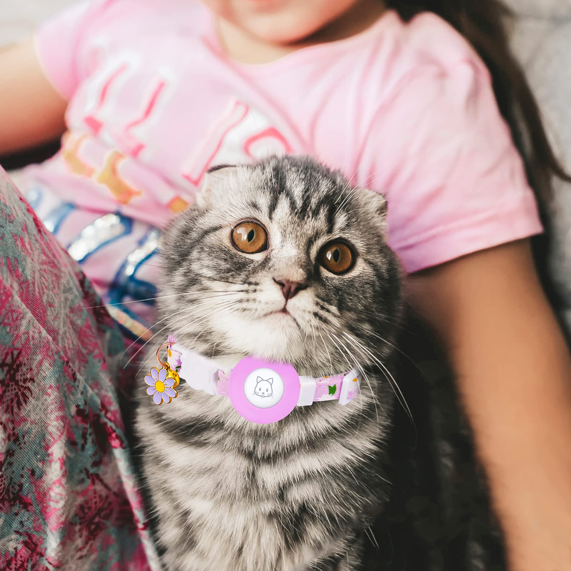 Airtag Cat Collar, Jxfukal Kitten Collar Breakaway With Silicone Airtag Holder, Bells & Flower Charm For Girl Cats Boy Cats Small Dogs(Purple)