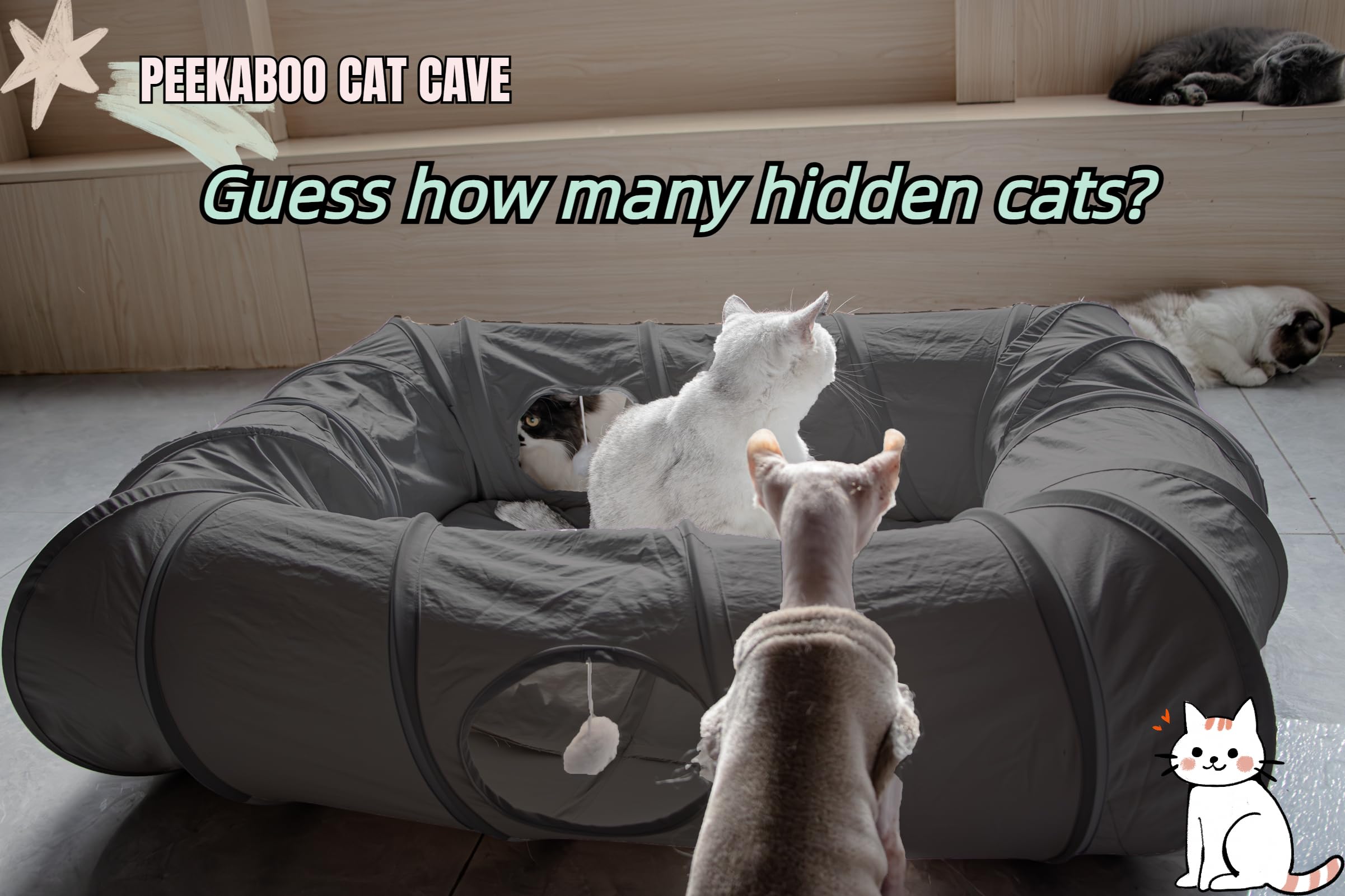 Xxingsheep 4 Ways Shuttled Xl Cat Tunnel Bed For Indoor Cats Peekaboo Cat Cave Donut With Cool Mat (Dark Gray)