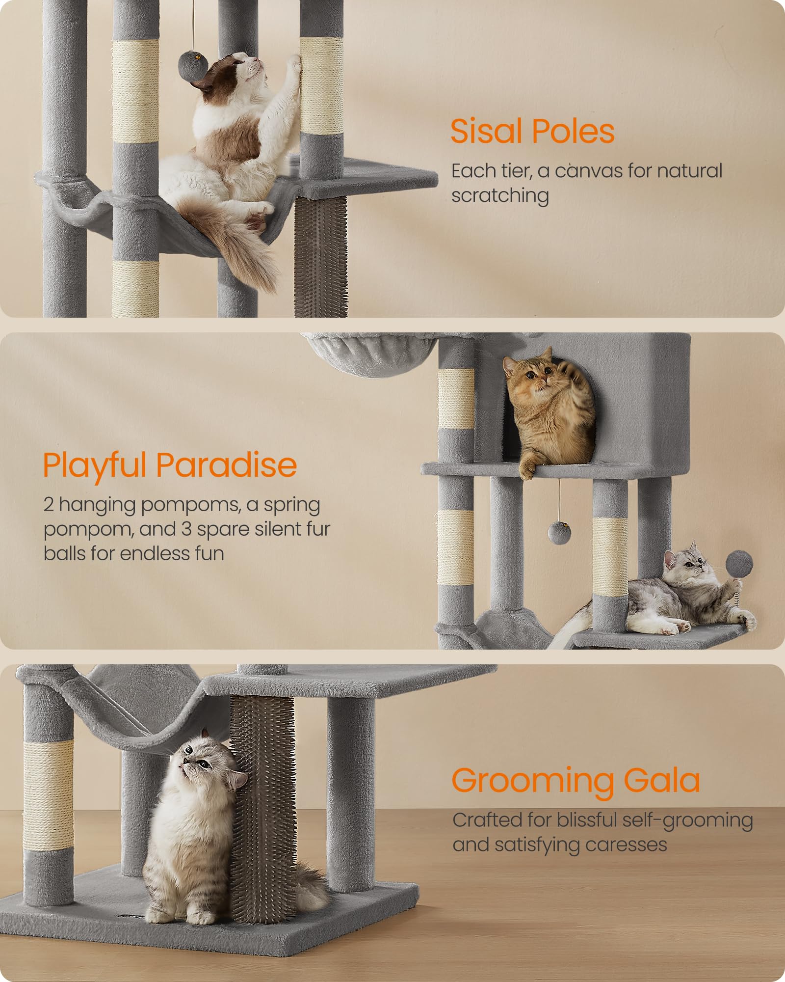 Feandrea Cat Tree, 69-Inch Tall Cat Tower for Indoor Cats, Multi-Level Cat Condo with 2 Caves, 2 Baskets, 5 Scratching Posts, Se