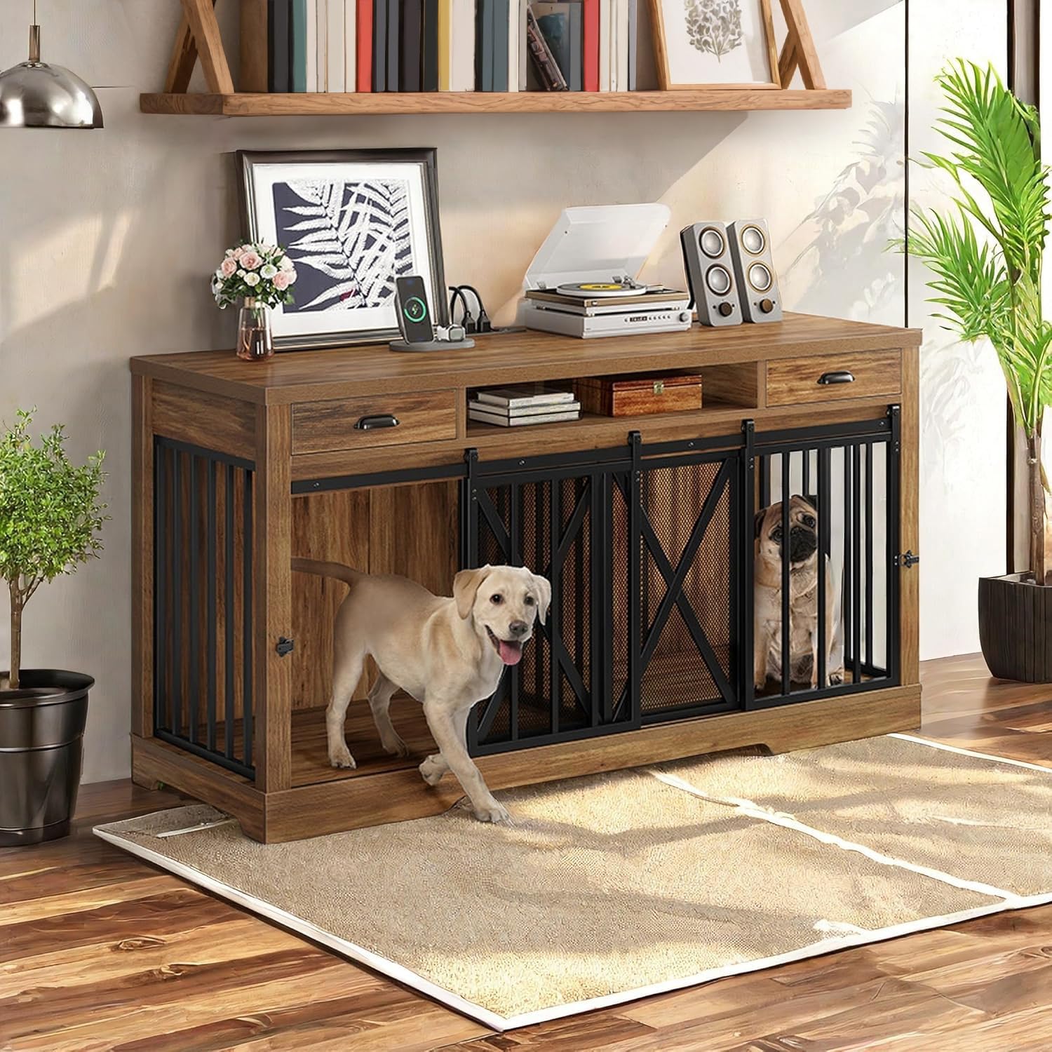 YITAHOME 63" Double Dog Crate TV Stand - Heavy Duty Wooden Indoor Kennel, Brown, Engineered Wood, Model MAYIHibdkN
