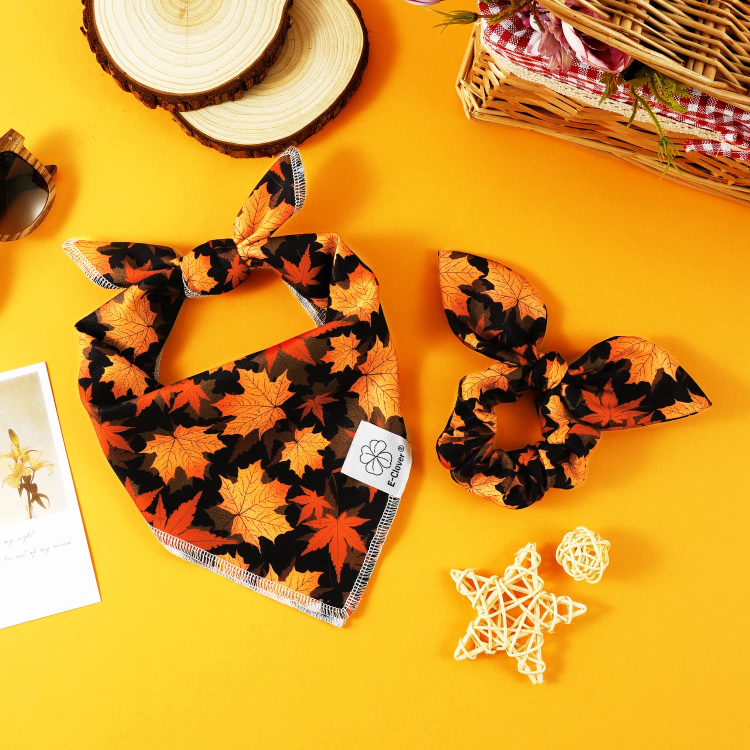 Thanksgiving Dog Bandanas & Matching Scrunchie Set Fall Pet Scarf Kerchief Bibs Dog Outfit For Small Dogs Puppy Owner Gifts Orange Black Maple Leaves
