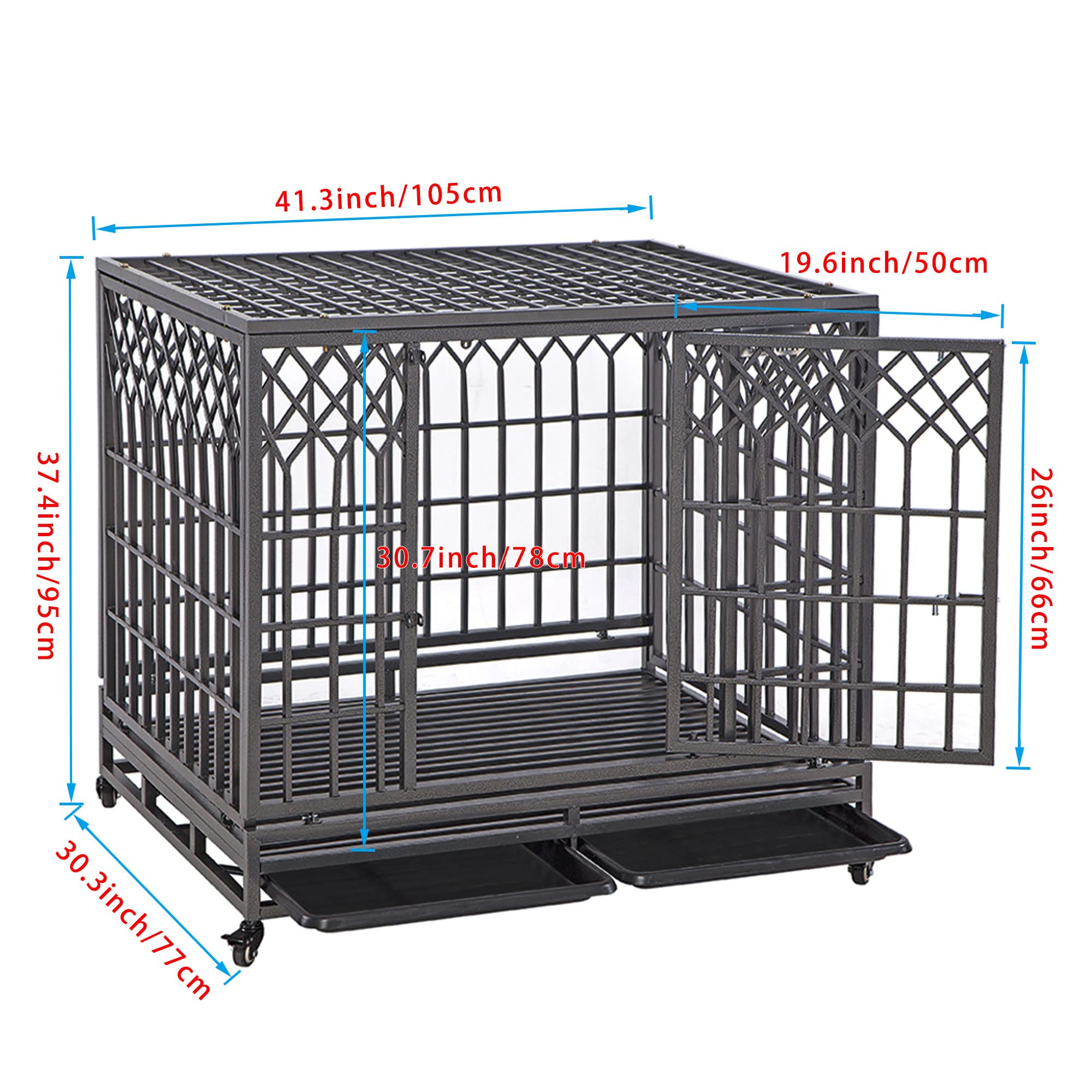 Smonter 42'' Heavy Duty Dog Crate Strong Metal Pet Kennel Playpen With Two Prevent Escape Lock, Large Dogs Cage With Wheels, Y S
