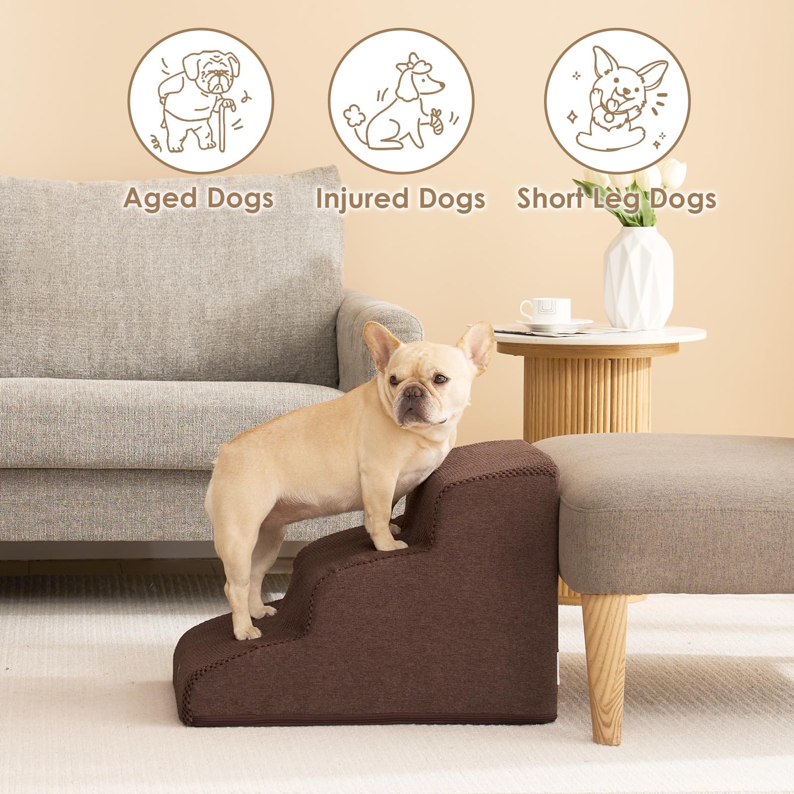 Eheyciga Curved Dog Stairs Ramp For Small Dogs 15.7'' H, 3-Step Dog Steps For Couch Sofa And Chair, Pet Stairs For Cats, Non-Sli