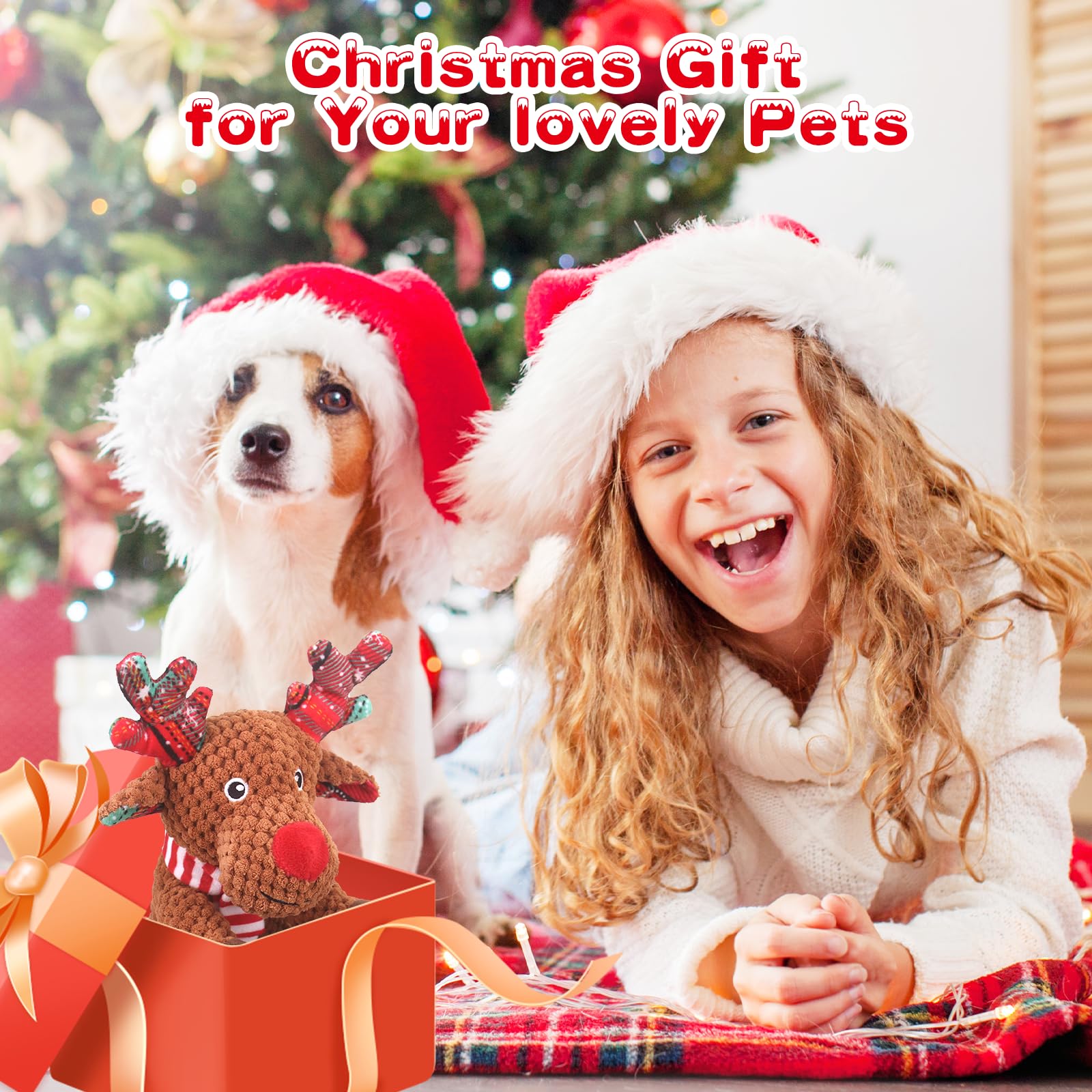 Christmas Dog Toys, Dog Squeaky Toys With Crinkle Paper, Interactive Plush Puppy Chew Toys, Cute Reindeer Dog Funny Toys, Dog Gi