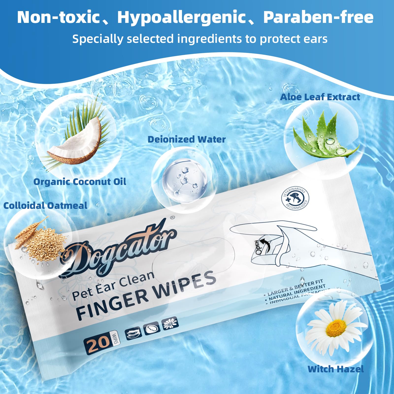 Dogcator Dog Finger Wipes, 120 Count Ear Cleaner For Dogs Cats Bathing Wipes, Pet Dental Clean Finger Wipes, Natural Puppy Eye W