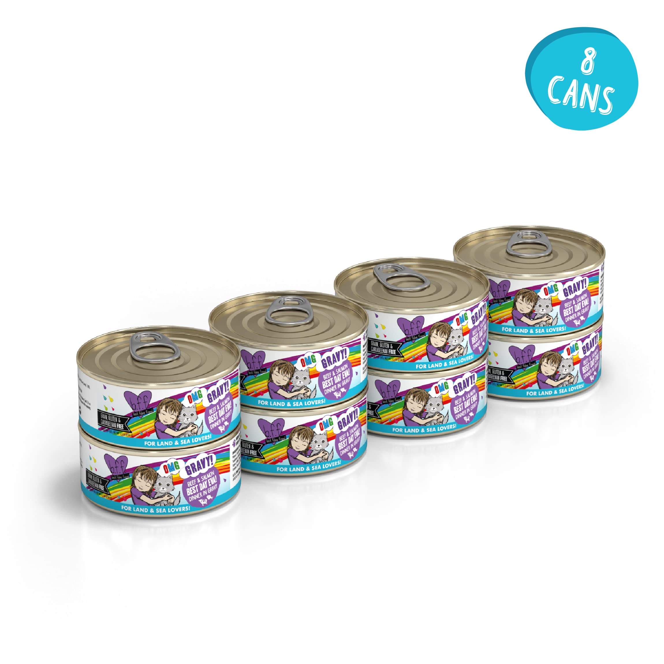 Weruva B.F.F. OMG - Best Feline Friend Oh My Gravy!, Best Day Eva! with Beef & Salmon in Gravy Cat Food, 5.5oz Can (Pack of 8)