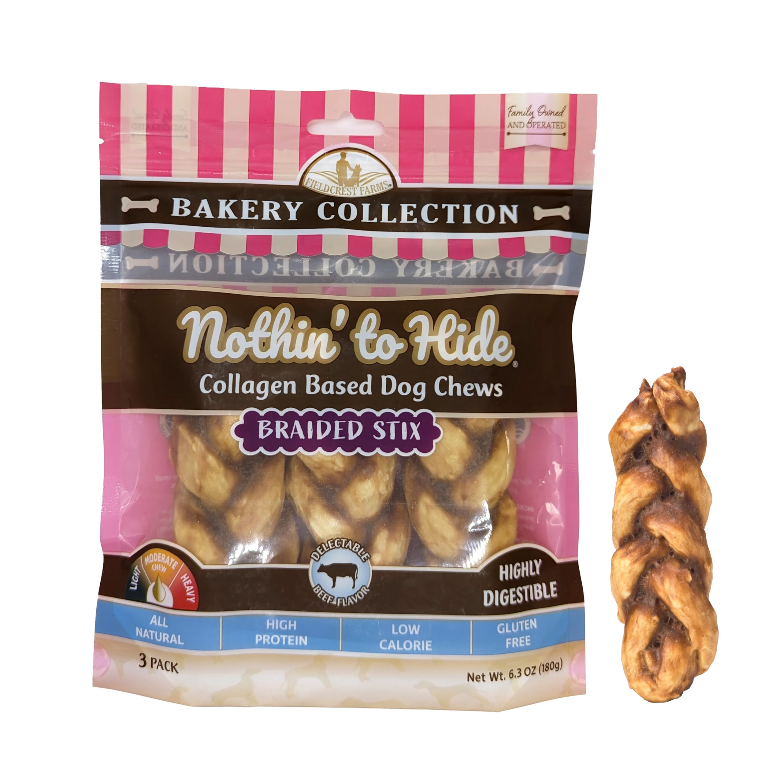 Nothin to Hide Collagen-Based Dog Chews Medium Braided Stix, Beef Flavor, Easily Digestible, Supports Skin, Coat, Joints & Musc