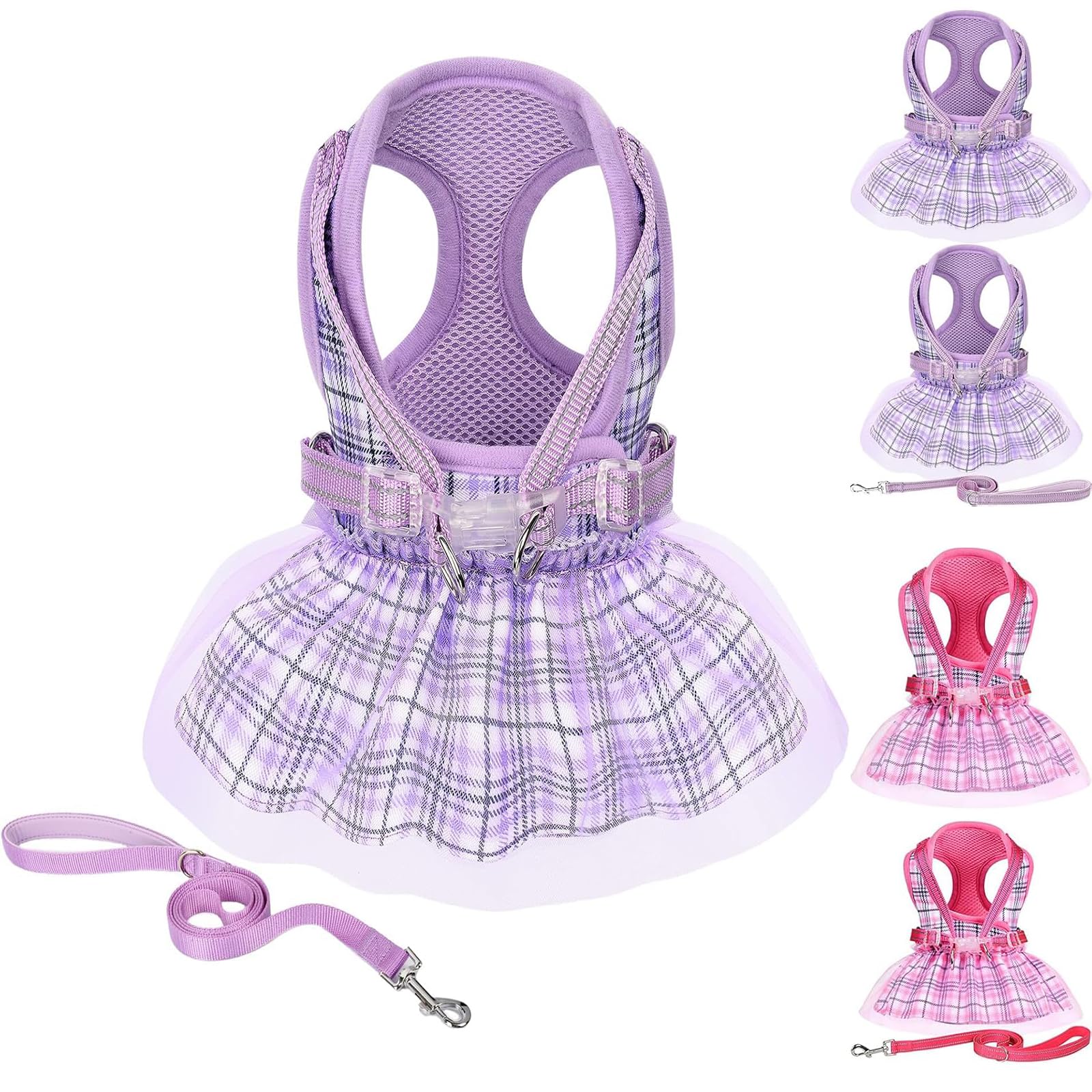 Small Dog Dress Harness Girl Female, No Pull Harnesses Outfit Apparel, Summer Adjustable Puppy Plaid Skirt Vest Cat Clothes (Pur