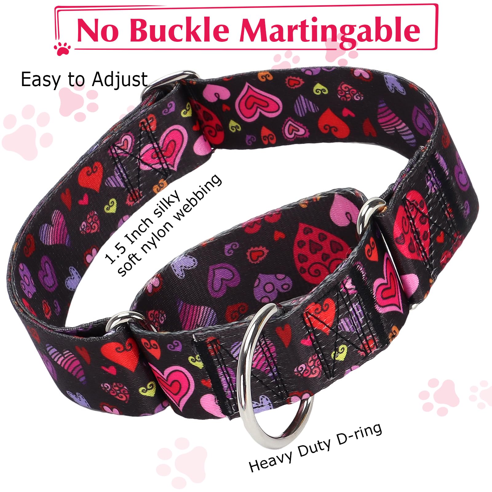 Valentine'S Day 1.5 Inch Wide Martingale Dog Collar, Cute Loving Heart Collar For Medium Large Extra Large Dogs -Heart L
