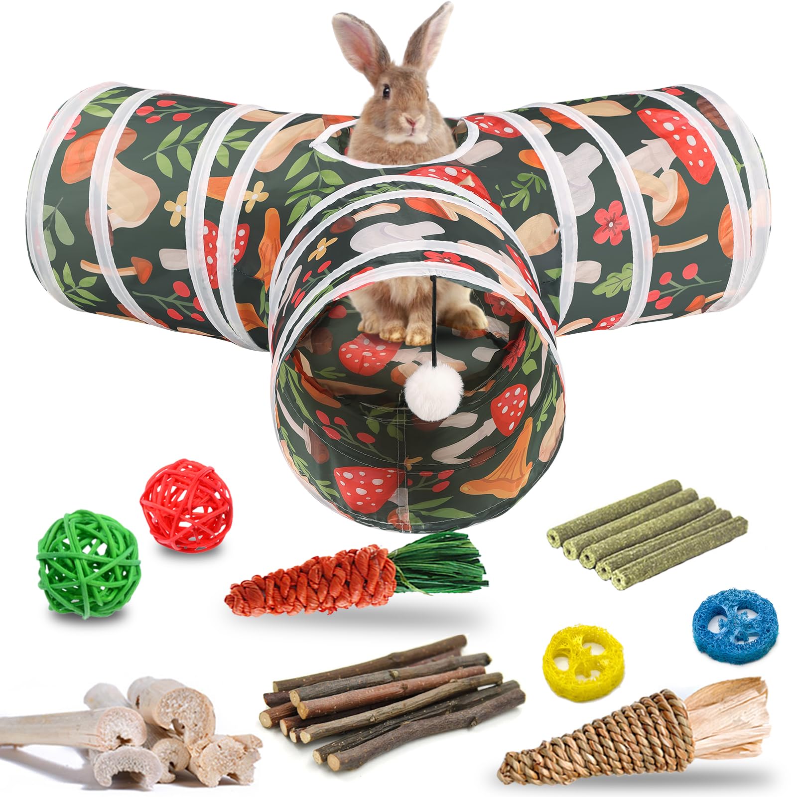 Hercocci Rabbit Toys, Bunny Tunnel & Tube, Collapsible 3 Way Rabbit Hideout Tunnel With Chew Toy For Bunny Guinea Pig Ferret Kit
