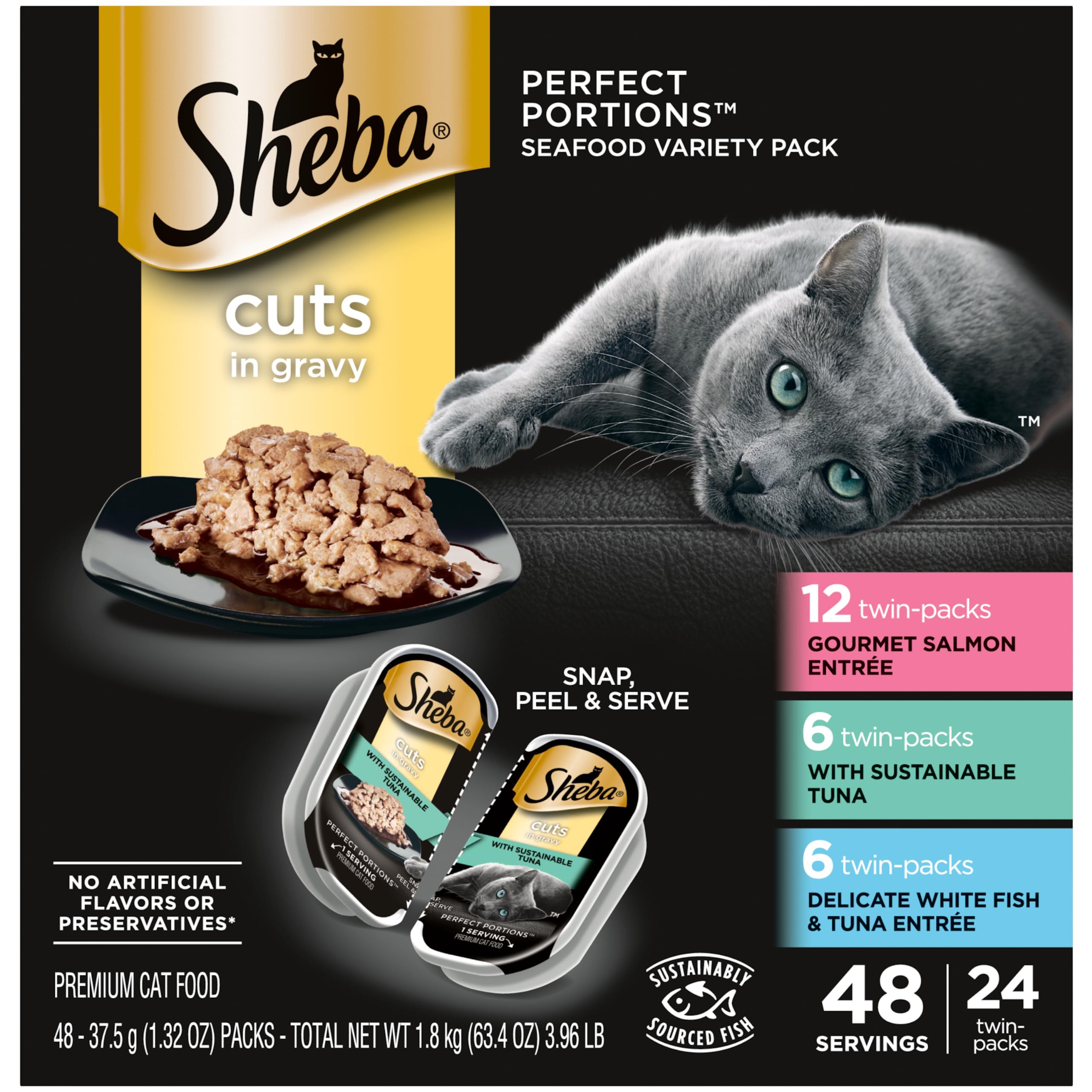 SHEBA PERFECT PORTIONS Cuts in Gravy Adult Wet Cat Food Trays (24 Count, 48 Servings), Gourmet Salmon, Sustainable Tuna, And Del