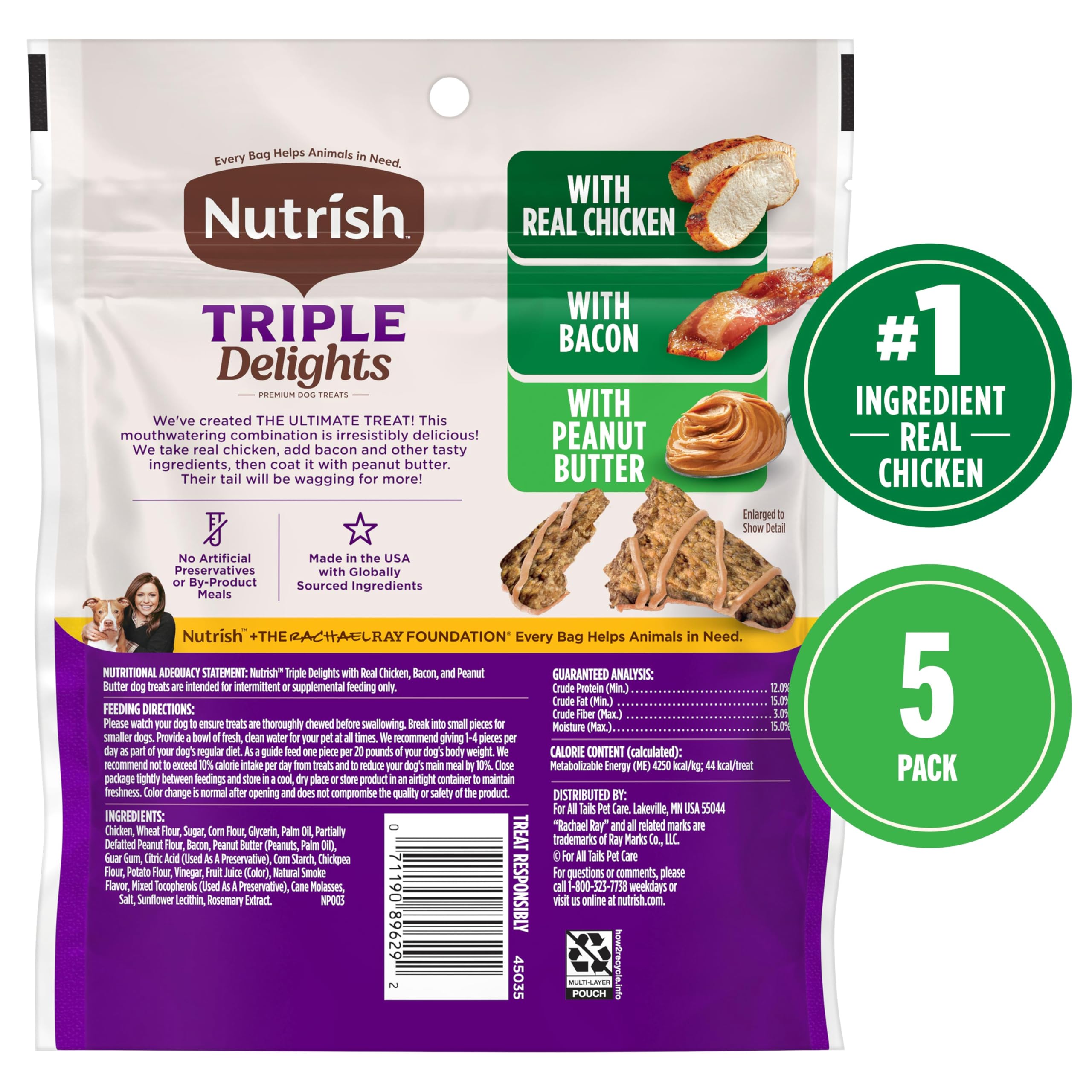 Nutrish Triple Delights Premium Dog Treats for Dogs of All Sizes with Real Chicken, Bacon, and Peanut Butter, 28 oz. Pouch