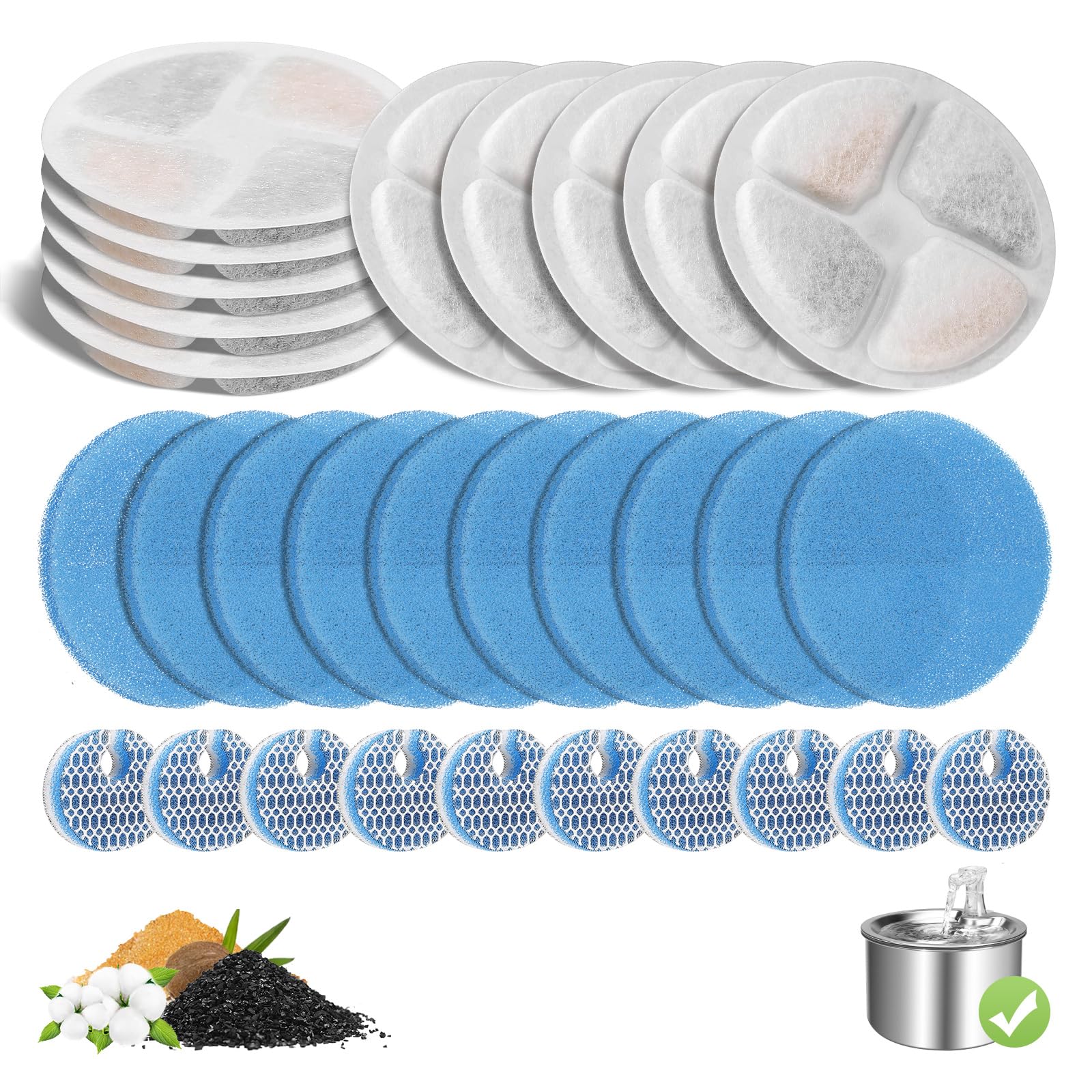 10-Pack Cat Fountain Filter Replacement For Round 67Oz/2L Automatic Pet Fountain, Triple Filtration System Activated Carbon Filt