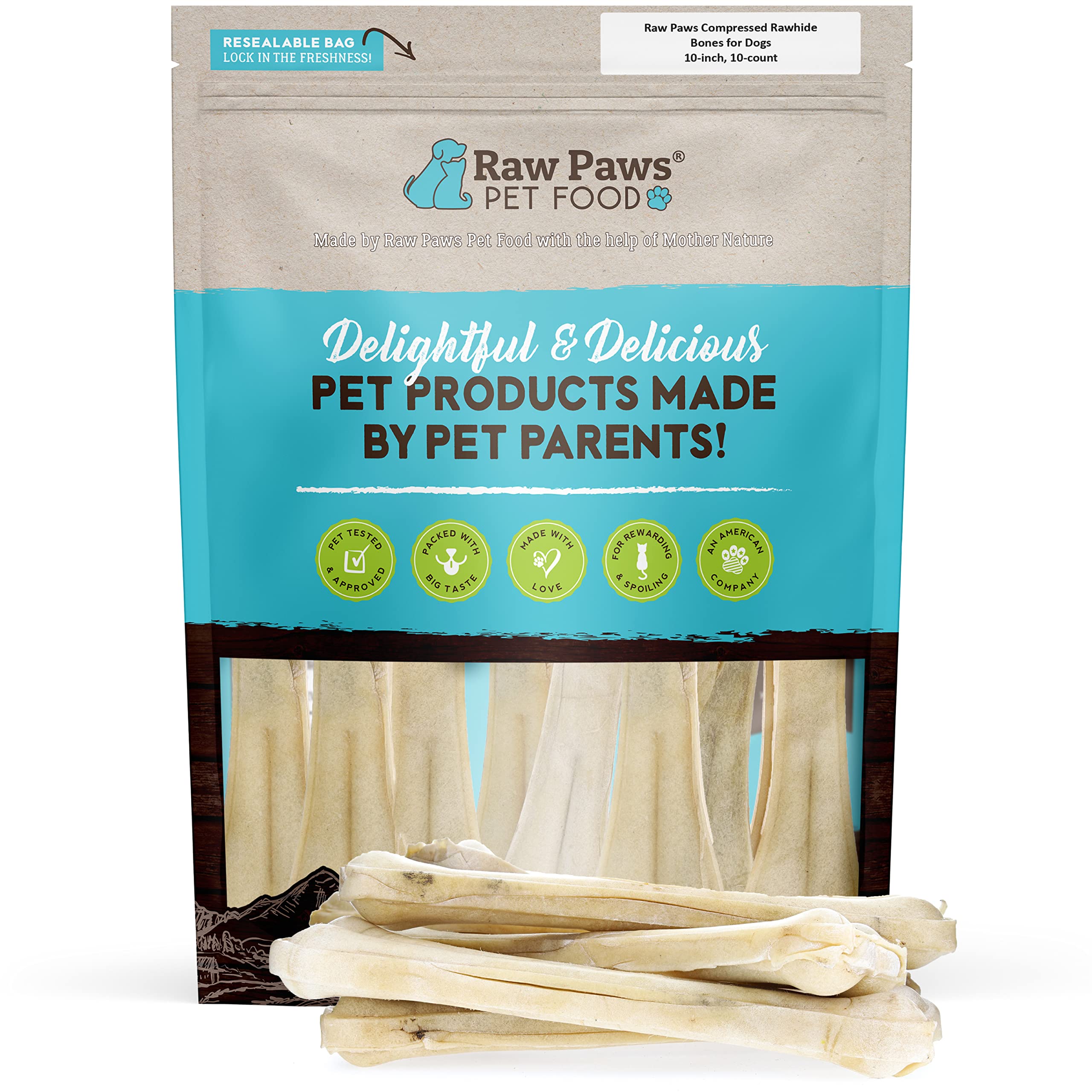 Raw Paws Compressed Rawhide Bones for Dogs, 10-inch, 10-Count - Packed in USA - Long Lasting Dog Chews - Natural Pressed Rawhide