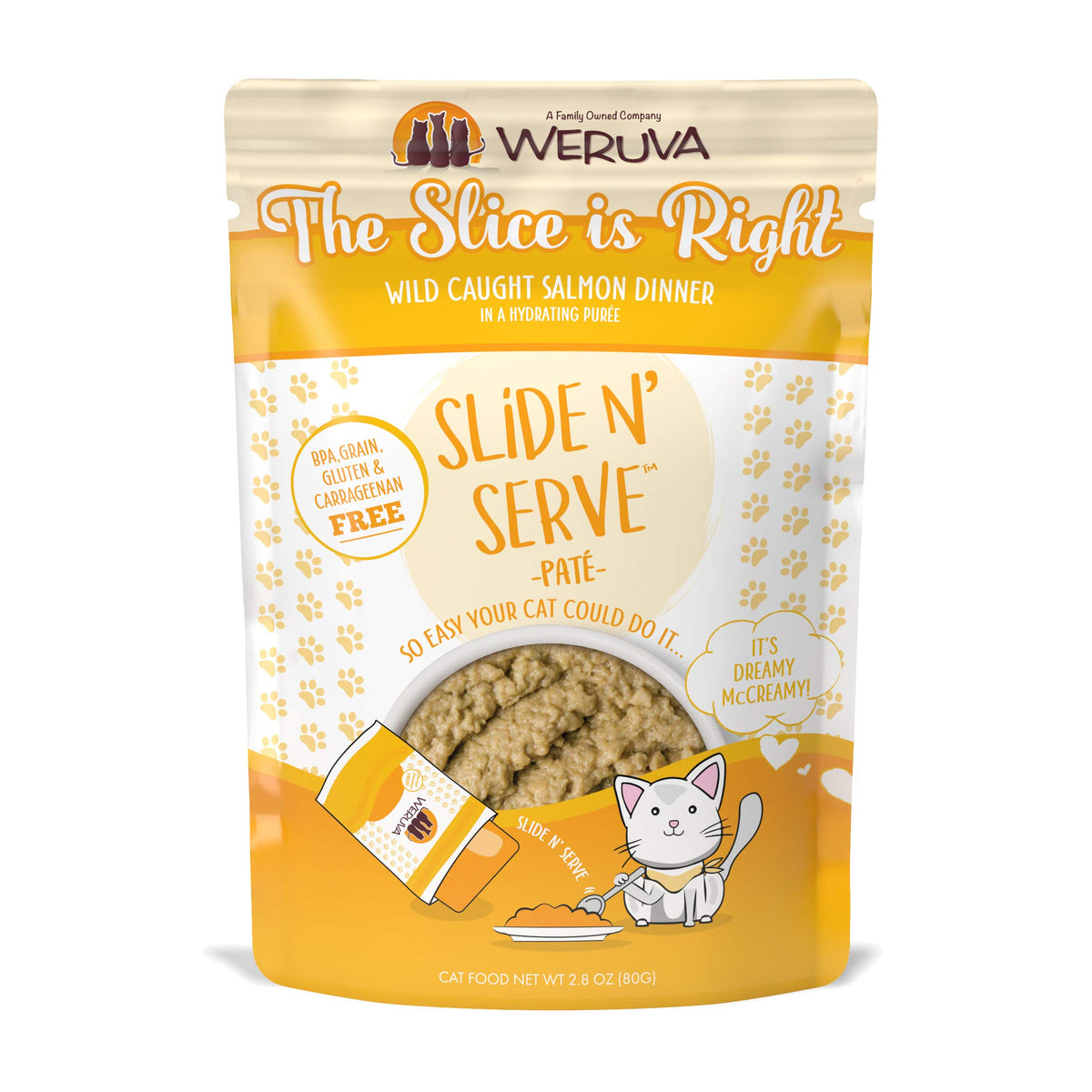 Weruva Slide N' Serve Pat Wet Cat Food, The Slice Is Right Wild Caught Salmon Dinner, 2.8Oz Pouch (Pack Of 12)