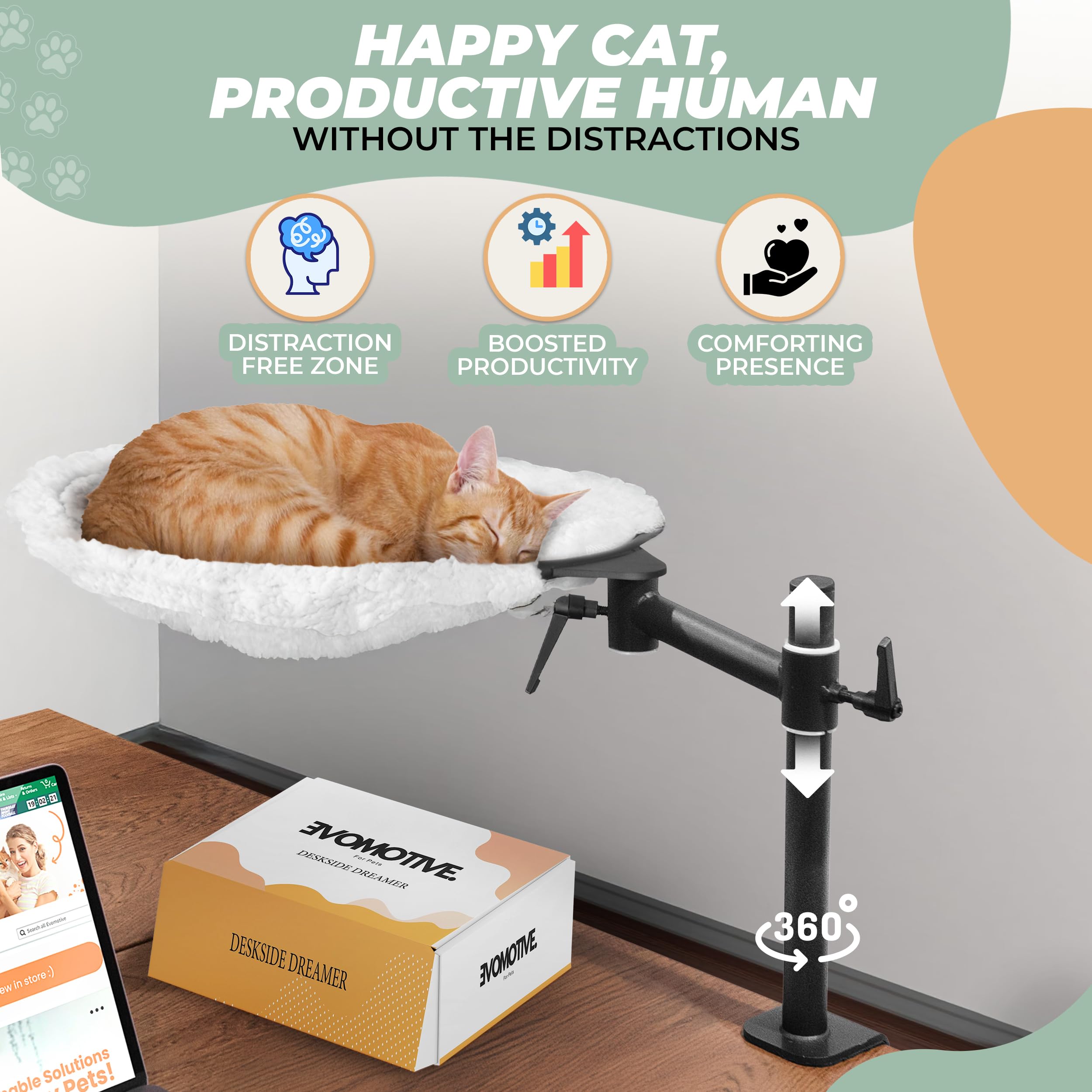 EVOMOTIVE Cat Desk Perch with Catnip Fish Toy, 360° Rotating, Height Adjustable, Plush & Mesh, Standard Size, White, Model 004