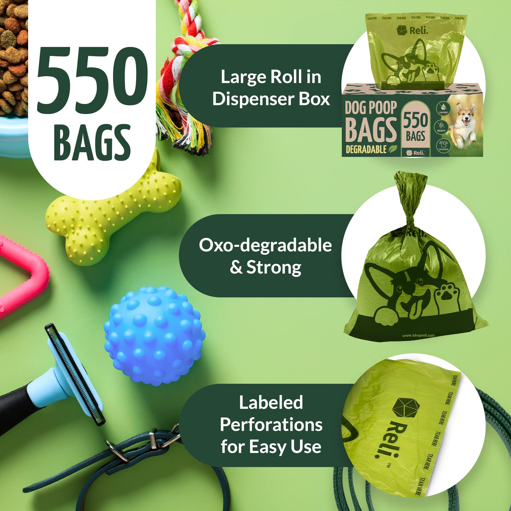 Reli. Biodegradable Dog Poop Bags (550 Count, Bulk) (Large Single Roll - Dispenser Box) | 9x13'' Large Dog Bags for Poop | Green