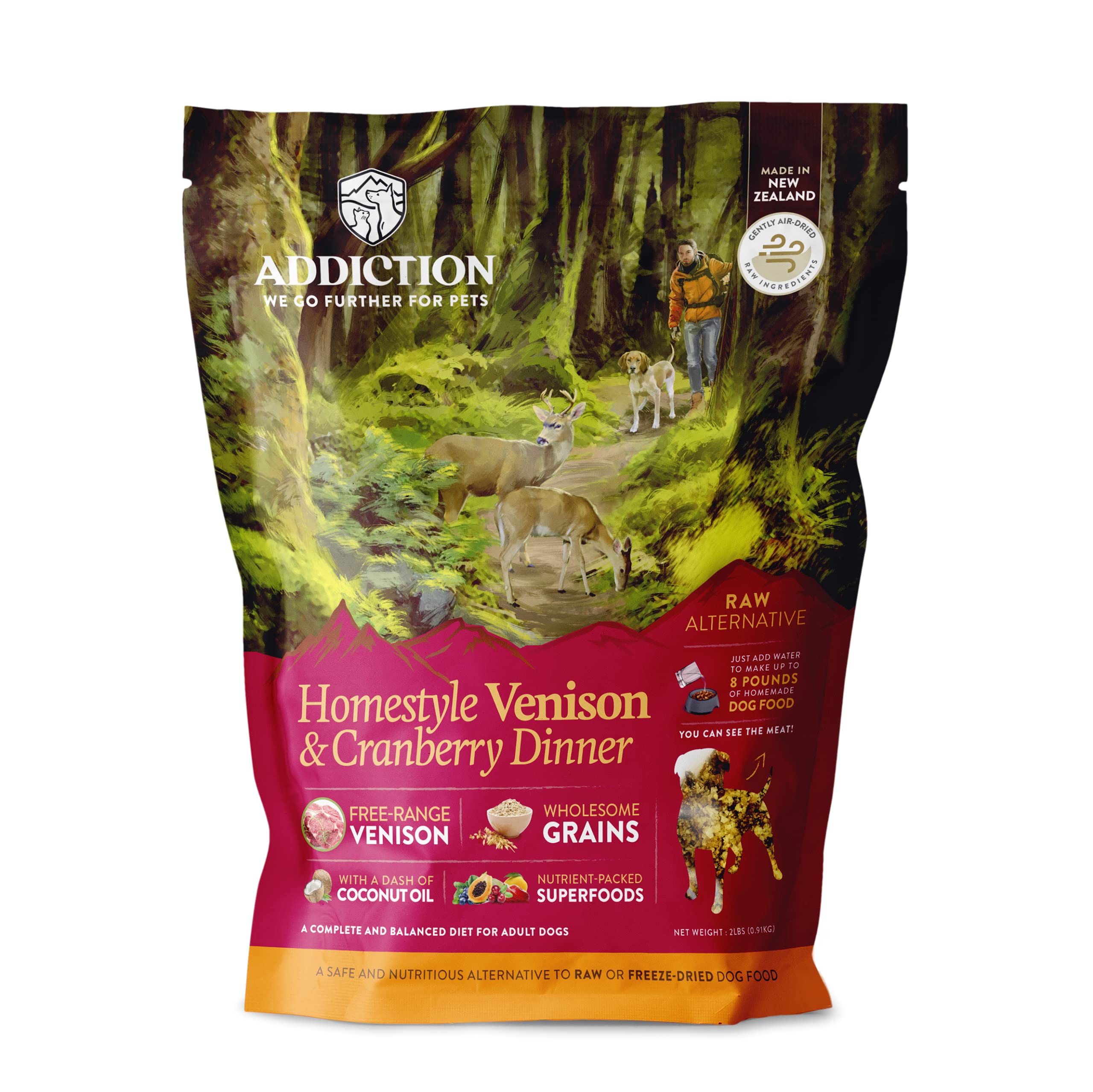 Addiction Homestyle Venison & Cranberry Dinner Raw Alternative Dog Food - Gently Air-Dried Complete Meal or Dog Food Topper for