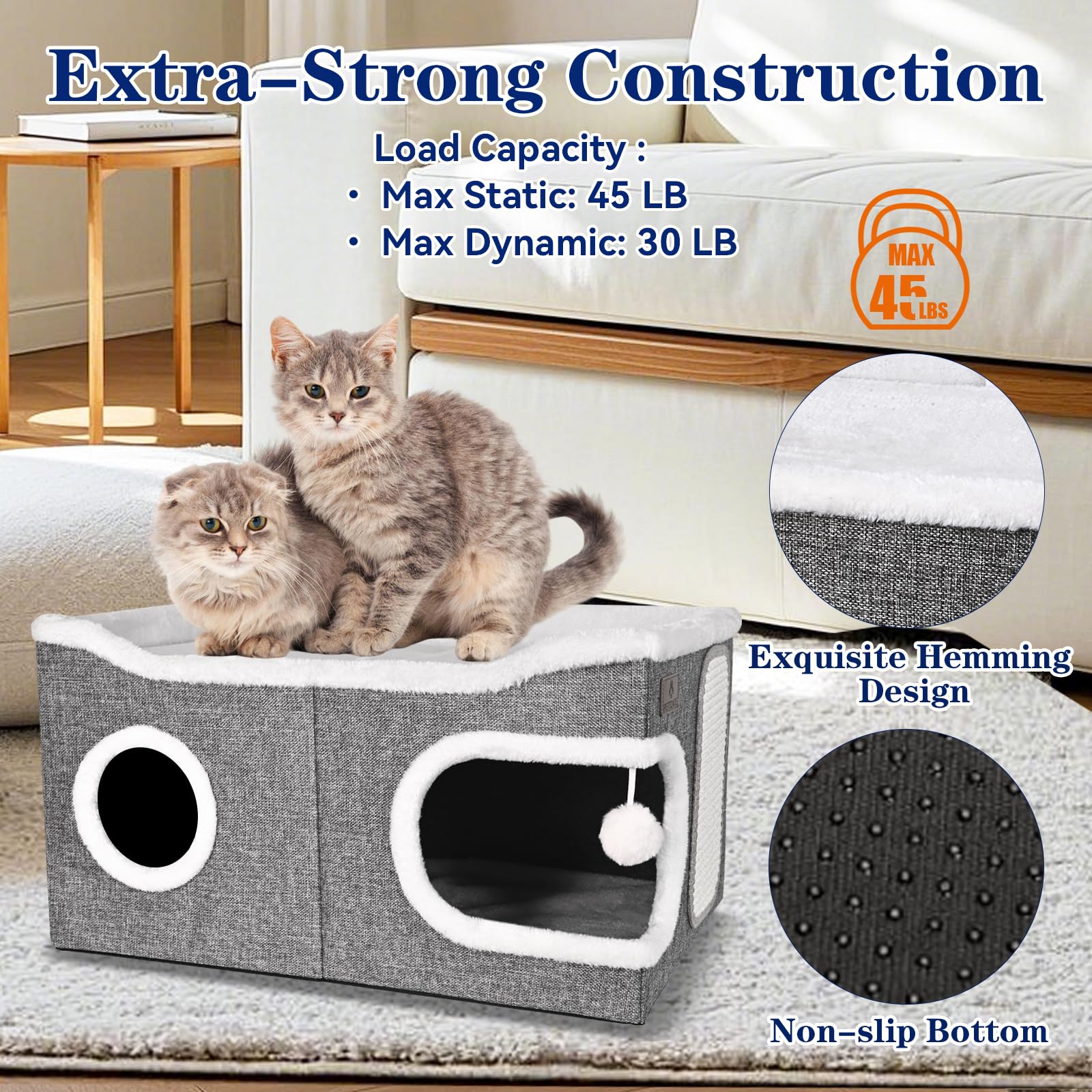 Extra Large Cat Beds for Indoor Cats, Covered Cat Cave Beds & Furniture with Scratch Pad and Fluffy Ball, Foldable Condo Hideawa