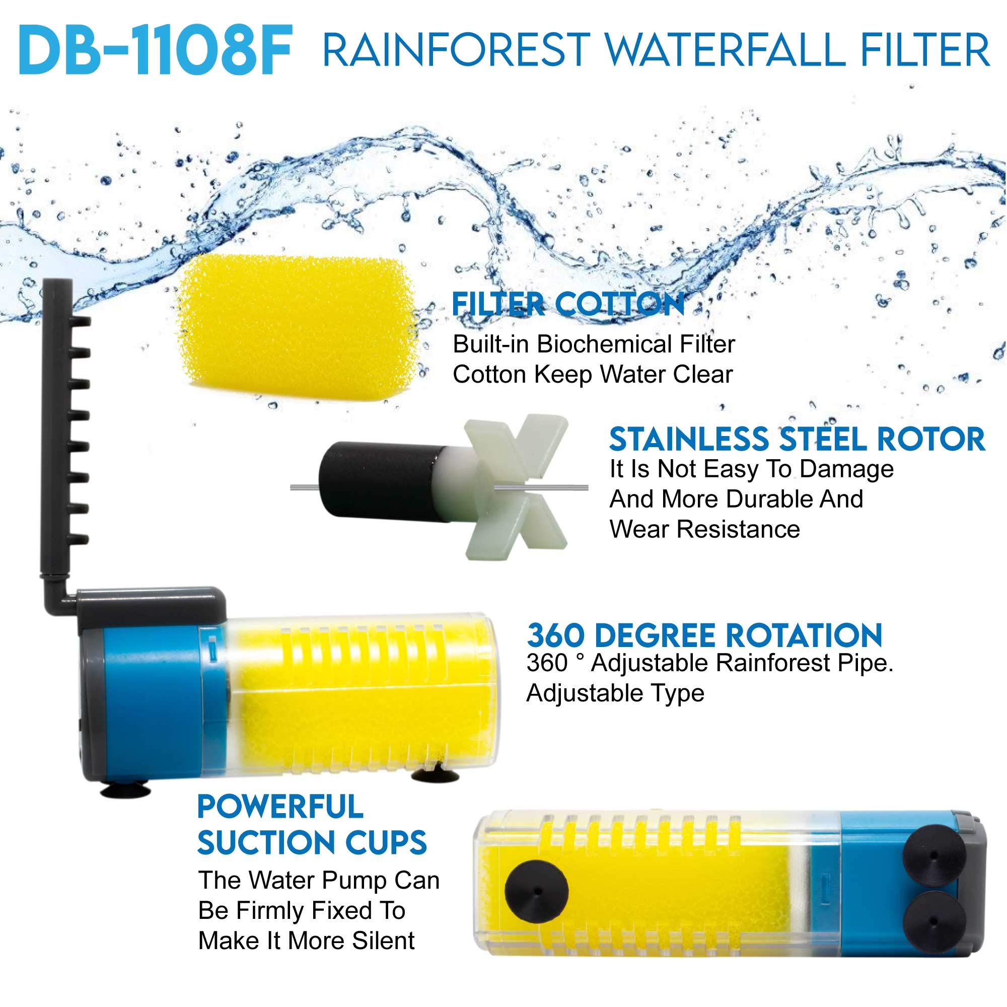 Aqua Dream 185 GPH Submersible Pump(700L/H,8W) Ultra Quiet 3-in-1 Internal Filter Water Pump for Pond,Aquarium,Fish Tank,Fountai