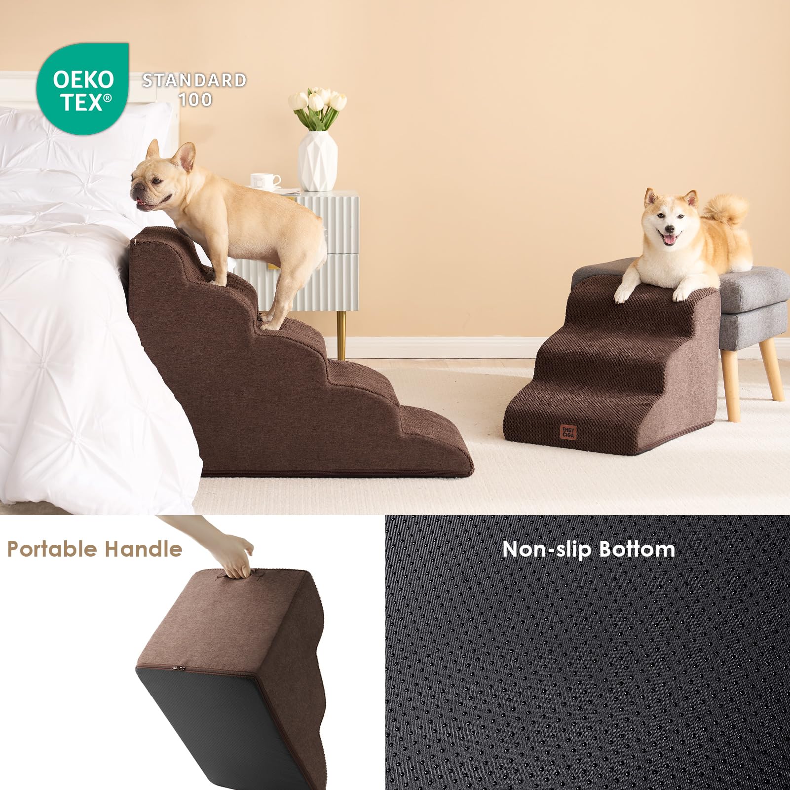 Eheyciga Curved Dog Stairs Ramp For High Beds 22.6' H, 5-Step Dog Steps For Small Dogs And Cats, Pet Stairs For High Bed Climbing, Non-Slip Balanced Pet Step Indoor, Brown