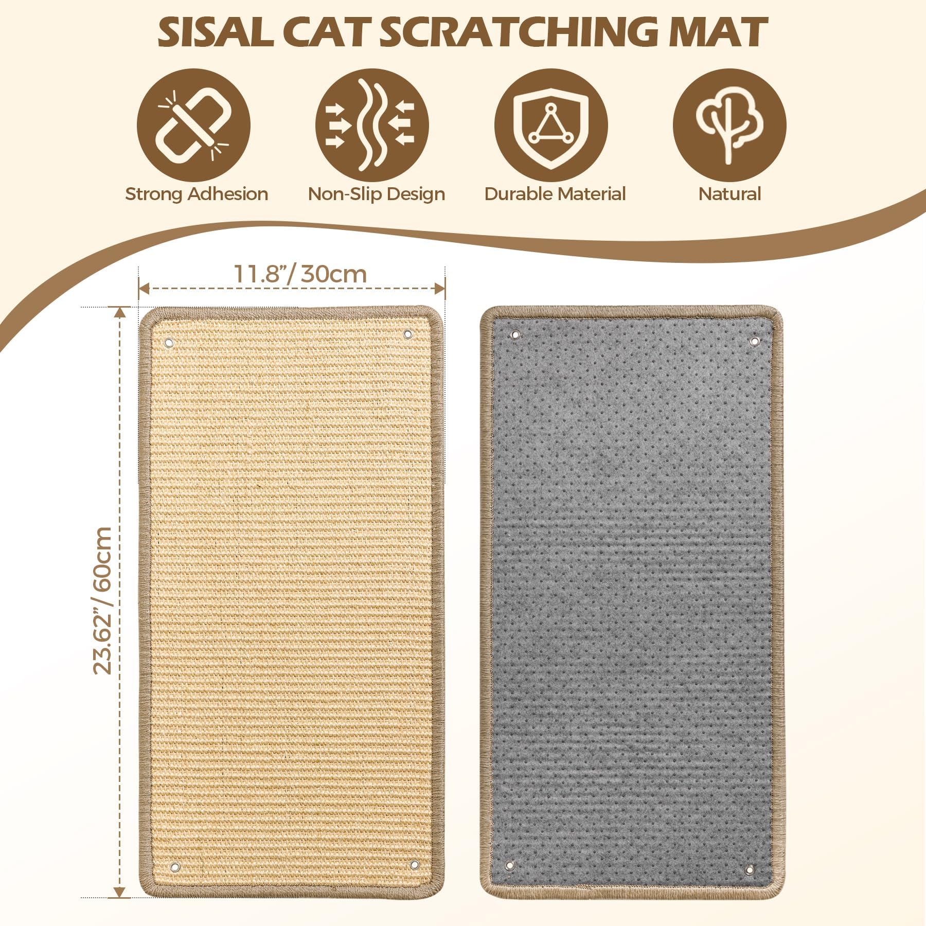 ComSaf Wall Cat Scratcher Mat - Sisal Cat Scratching Pad for Indoor Cats Kitten, Wall Floor Mount Natural Cat Scratch Mat with A