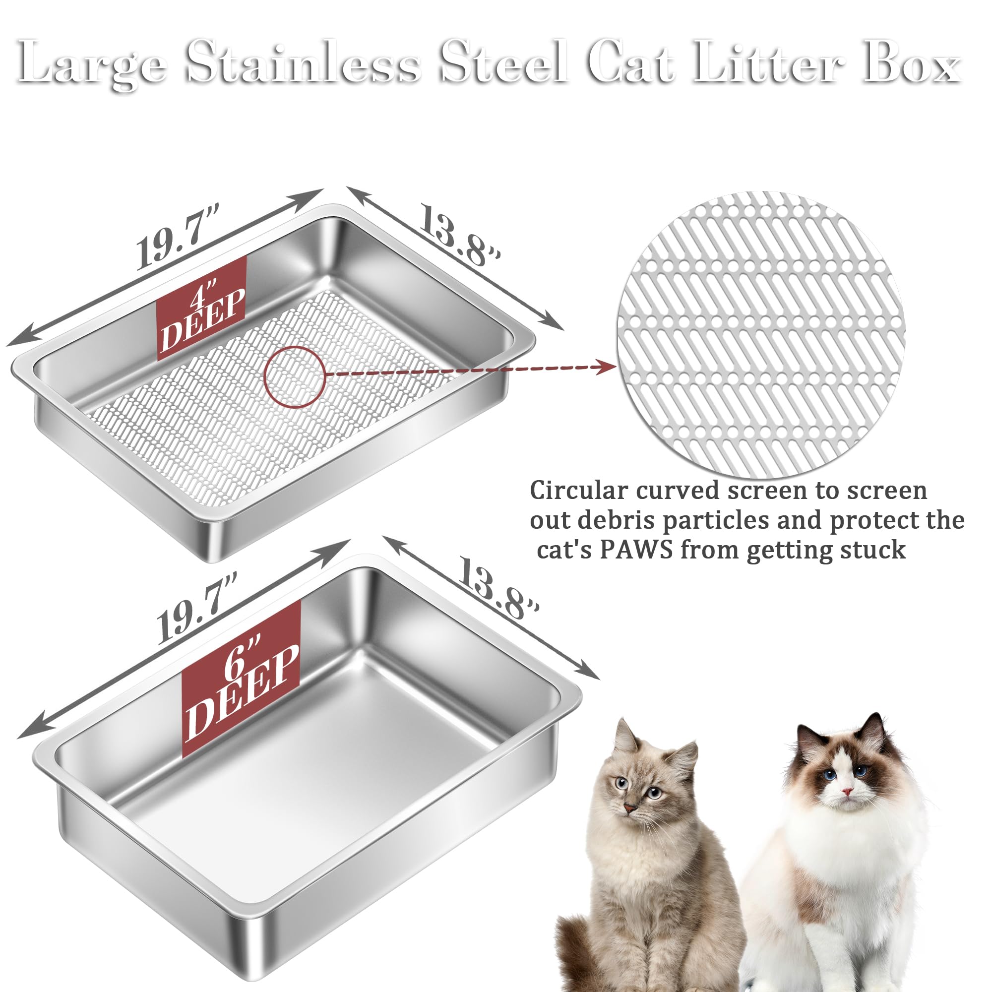 Stainless Steel Sifting Cat Litter Box For Pine Pellets, Xl Extra Large Metal Cat Litter Box Sifter Pan With Litter Scoop, Low D