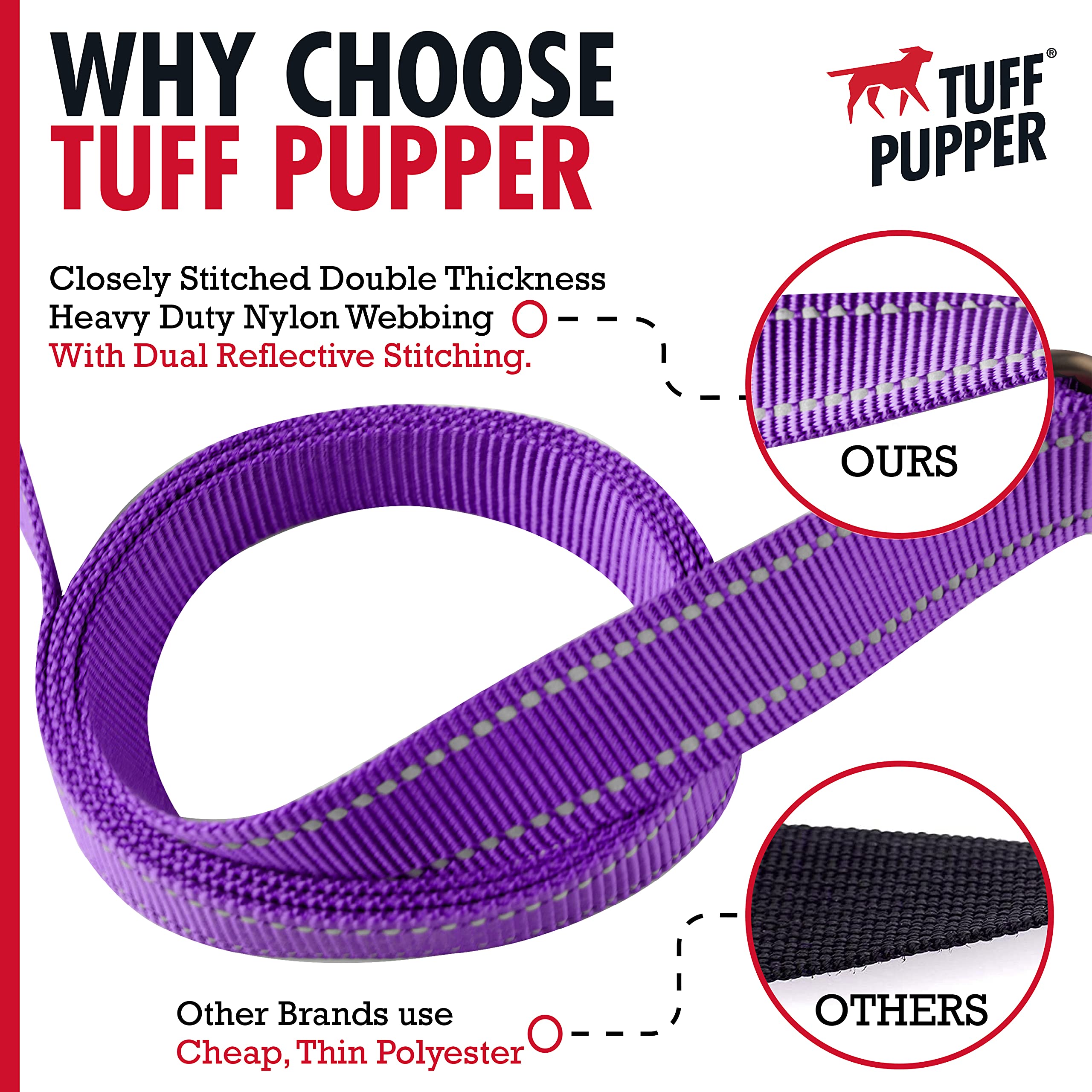 Tuff Pupper Heavy Duty Double Handle Leash | Twist Locking Carabiner Clip | Safety Lock For Strong Dogs | Reflective For Safe Ni