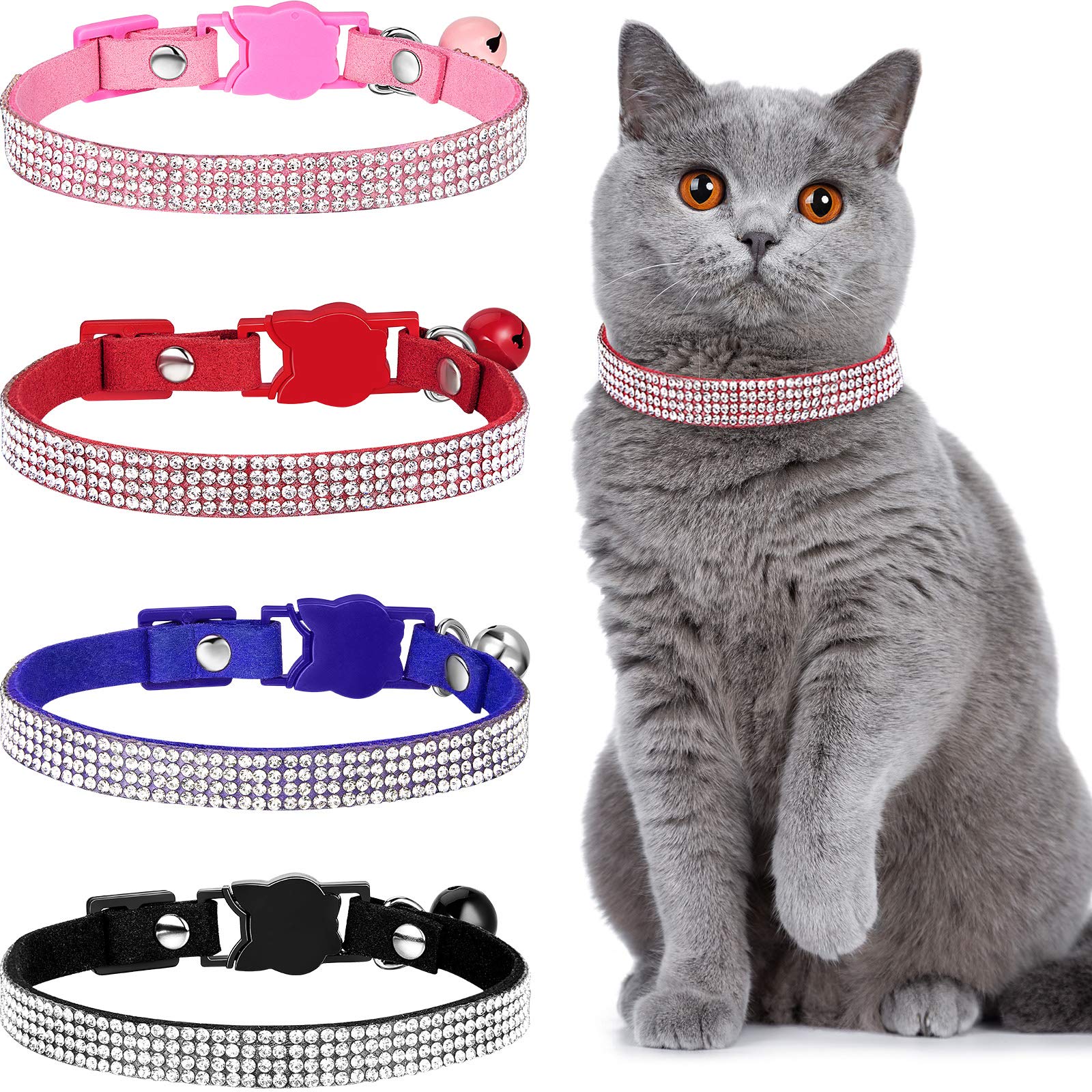 Weewooday 4 Pieces Rhinestones Cat Collars Breakaway Cat Collar With Bell Bling Pet Accessories With Soft Velvet, 4 Colors(S,Pin
