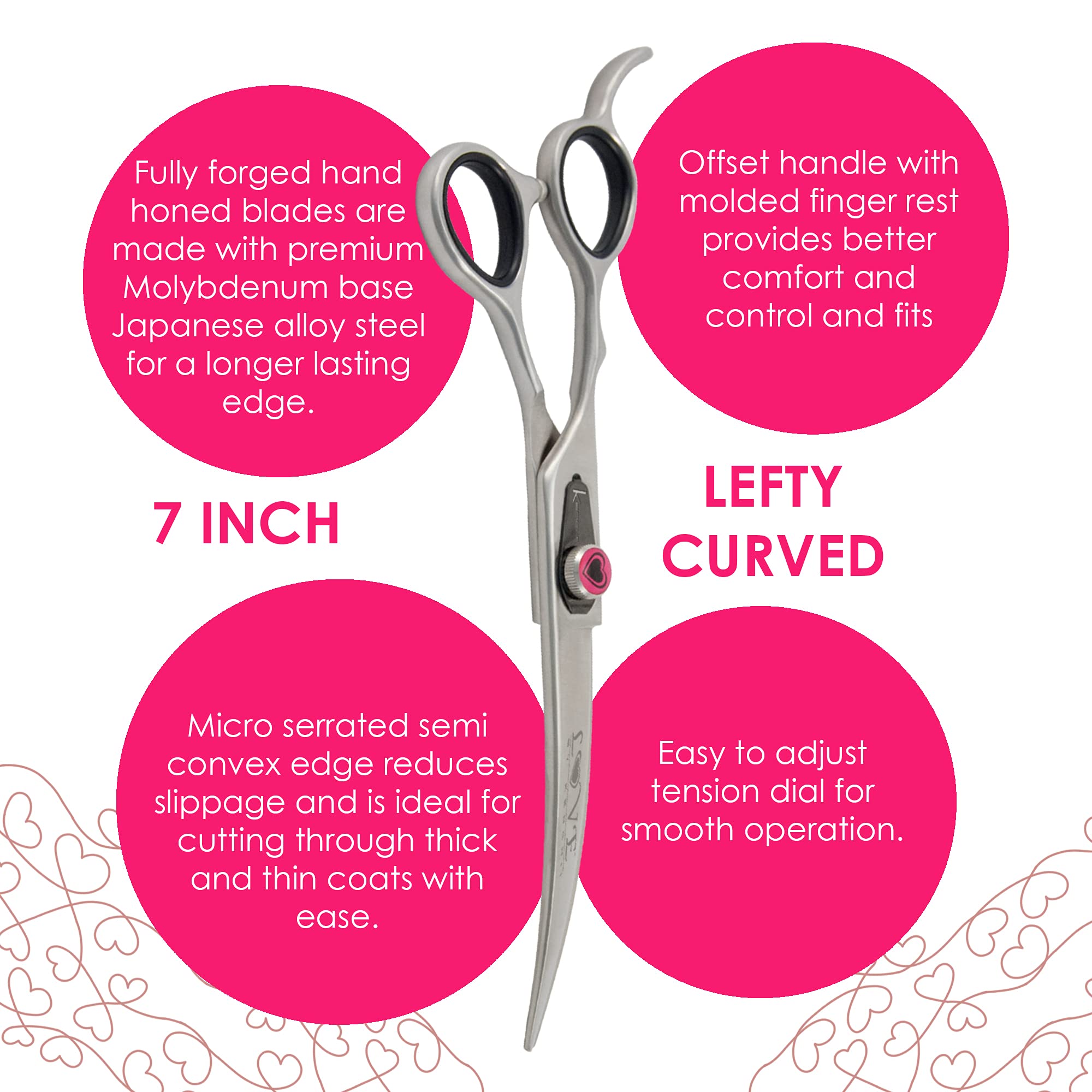 Kenchii Left Handed Dog Grooming Scissors | 7 Inch Shears | Curved Scissors For Dog Grooming | Love Collection Dog Shears | Pet Grooming Accessories | Pet Hair Trimming Scissor