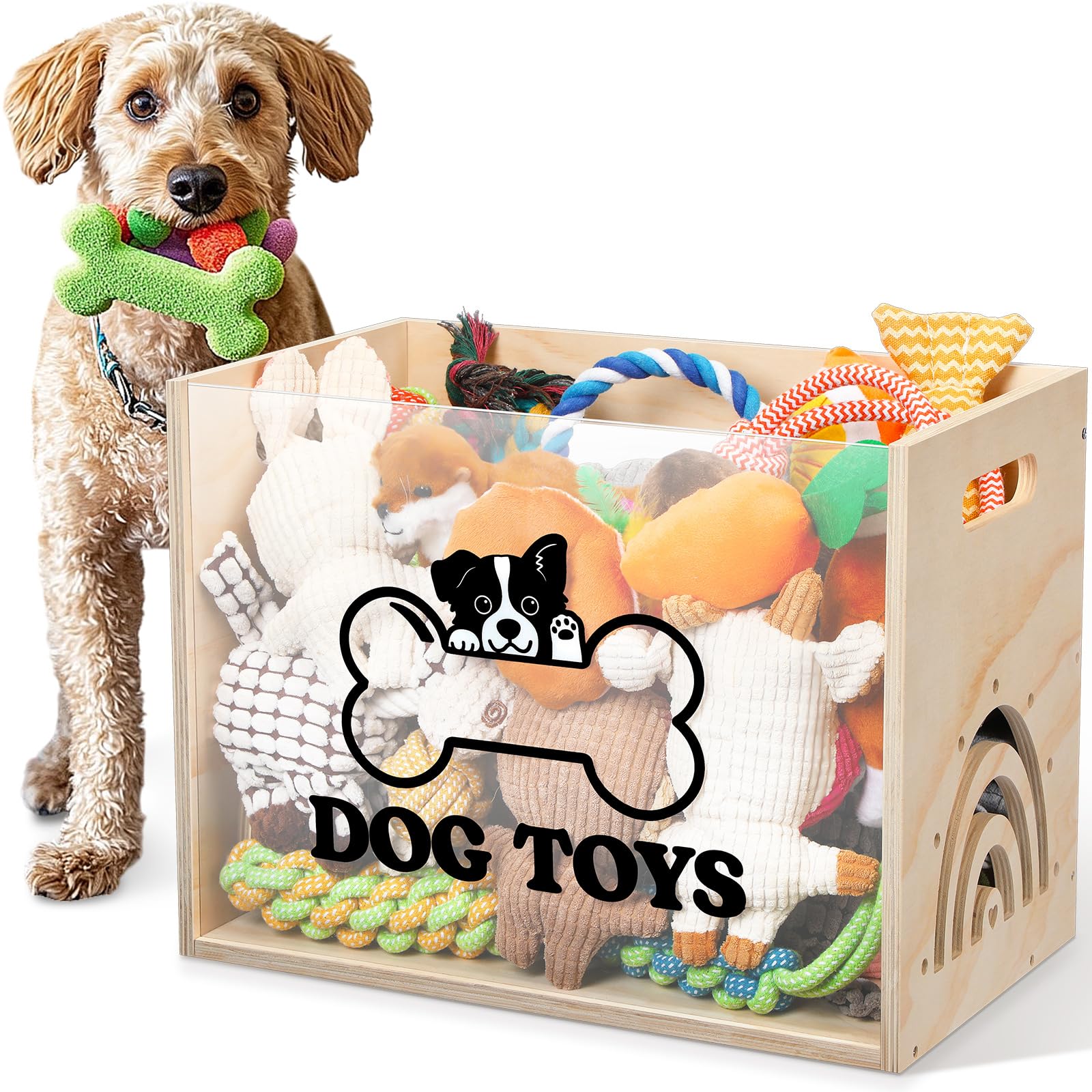 Beeveer Large Dog Toy Basket Dog Toy Box Wooden Storage Bin with Acrylic Board Storage Box for Puppy Toys Pet Food and Accessori