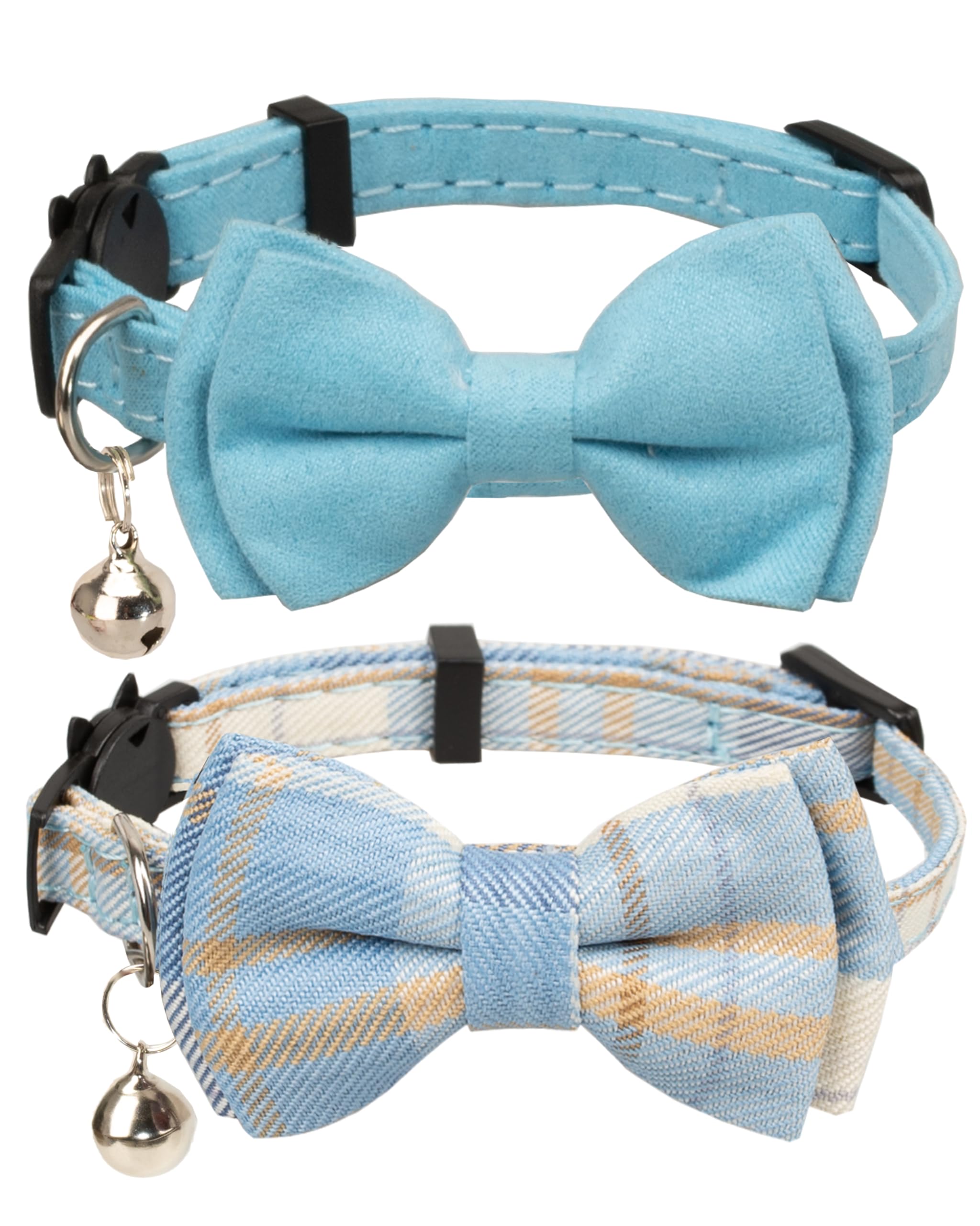 Gyapet Cat Collar Breakaway Bowtie Safety With Bell Adjustbale Kitten Puppy Solid Plaid Color Set J-[2Pcs] Blue