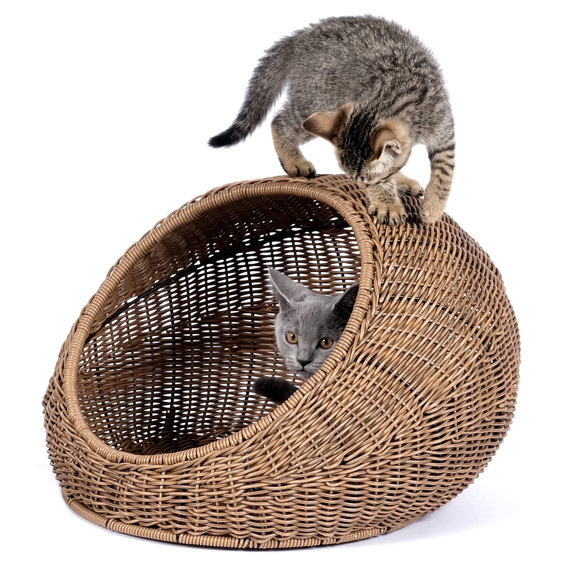 D+Garden Wicker Cat Bed Dome For Medium Indoor Cats - A Covered Cat Hideaway Hut Of Faux Rattan Houses Pets In Dome Basket, Wash