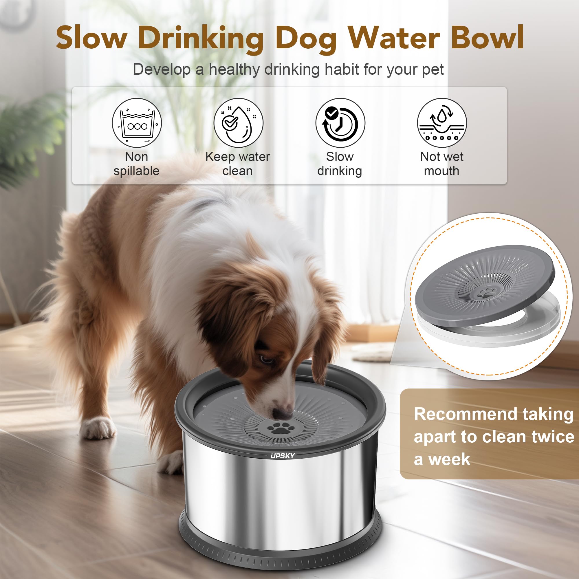 Upsky 4.5L Dog Water Bowl,Large Capacity No Spill Dog Water Bowl,Stainless Steel Spill Proof Slow Water Feeder,No Splash Water B