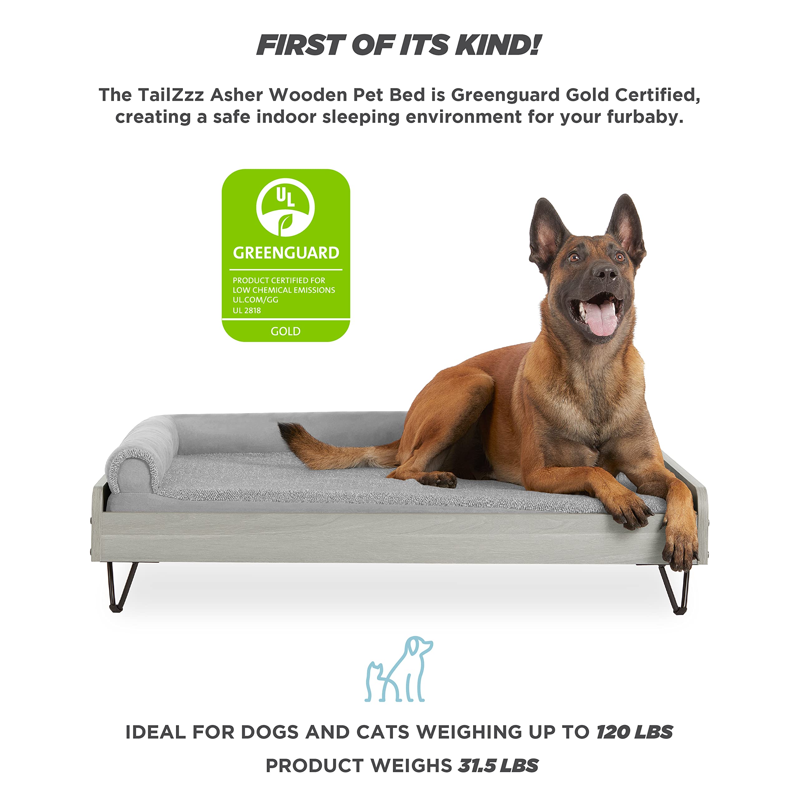 Wooden Dog Bed With Water Resistant Mattress, Large To Extra Large Elevated Pet Bed With Calming Mattress, Greenguard Gold Certi