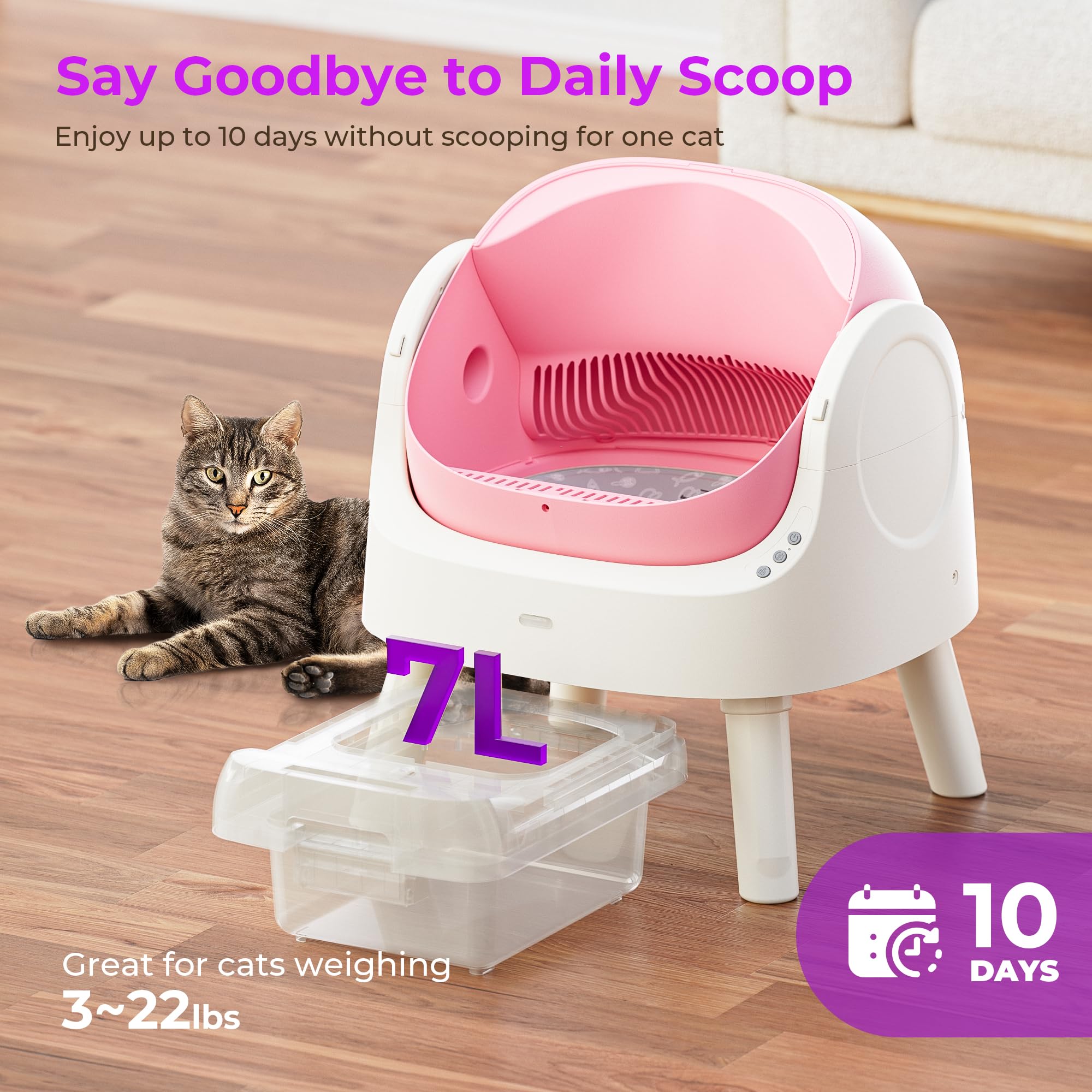 Self Cleaning Cat Litter Box, Open Top Automatic Litter Box For Multiple Cats, Liners And Mat Included, Pink