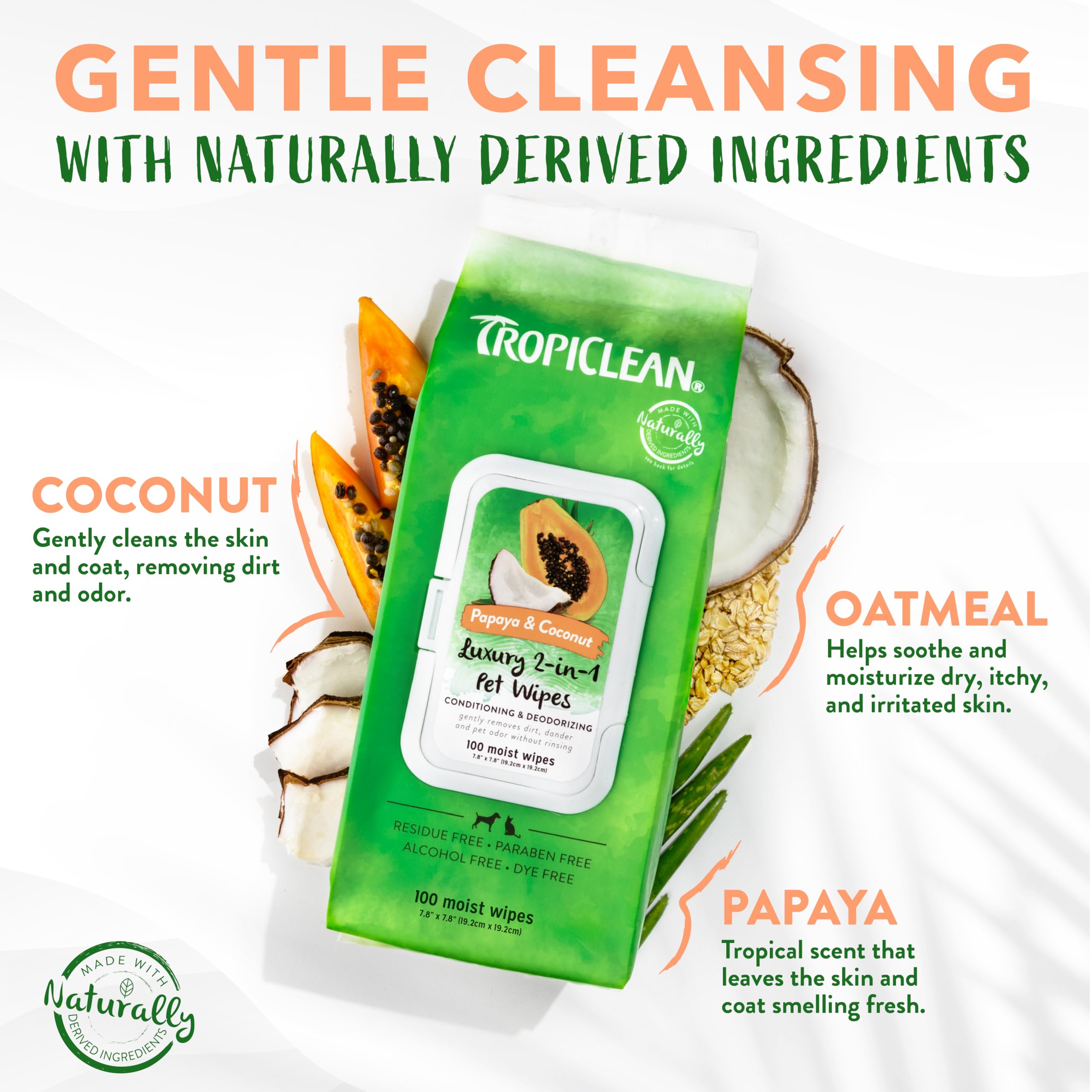 Tropiclean Papaya & Coconut Dog Wipes For Paws And Butt | Deep Cleaning Dog Grooming Wipes | Safe For The Face | Cat Friendly |