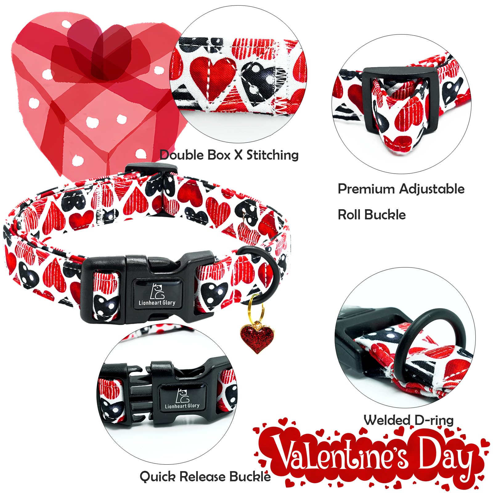 Lionheart Glory Valentine Collar-Red Hearts Dog Collar For X-Small Cute Dog Collars Spring Female Male Pet Gift Adjustable Heavy