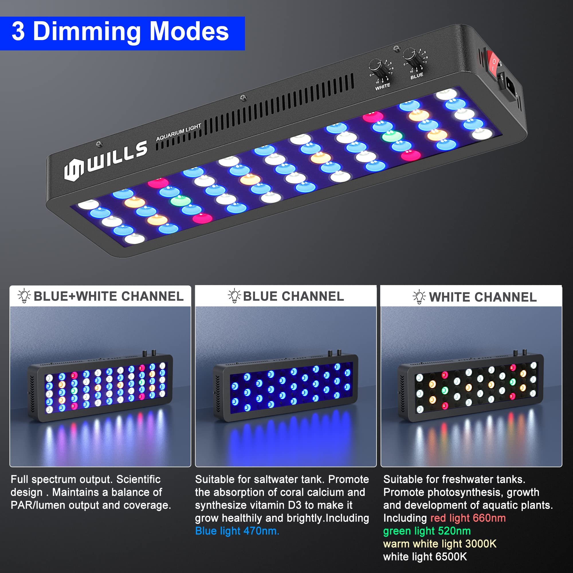 Wills Aquarium Light, Dimmable Full Spectrum Fish Tank Light With 3 Dimming Modes & 55 Premium Smd Chips, 165W Led Aquarium Plant Light For Saltwater Freshwater Coral Reef (21.3'X6.7'X2.4')