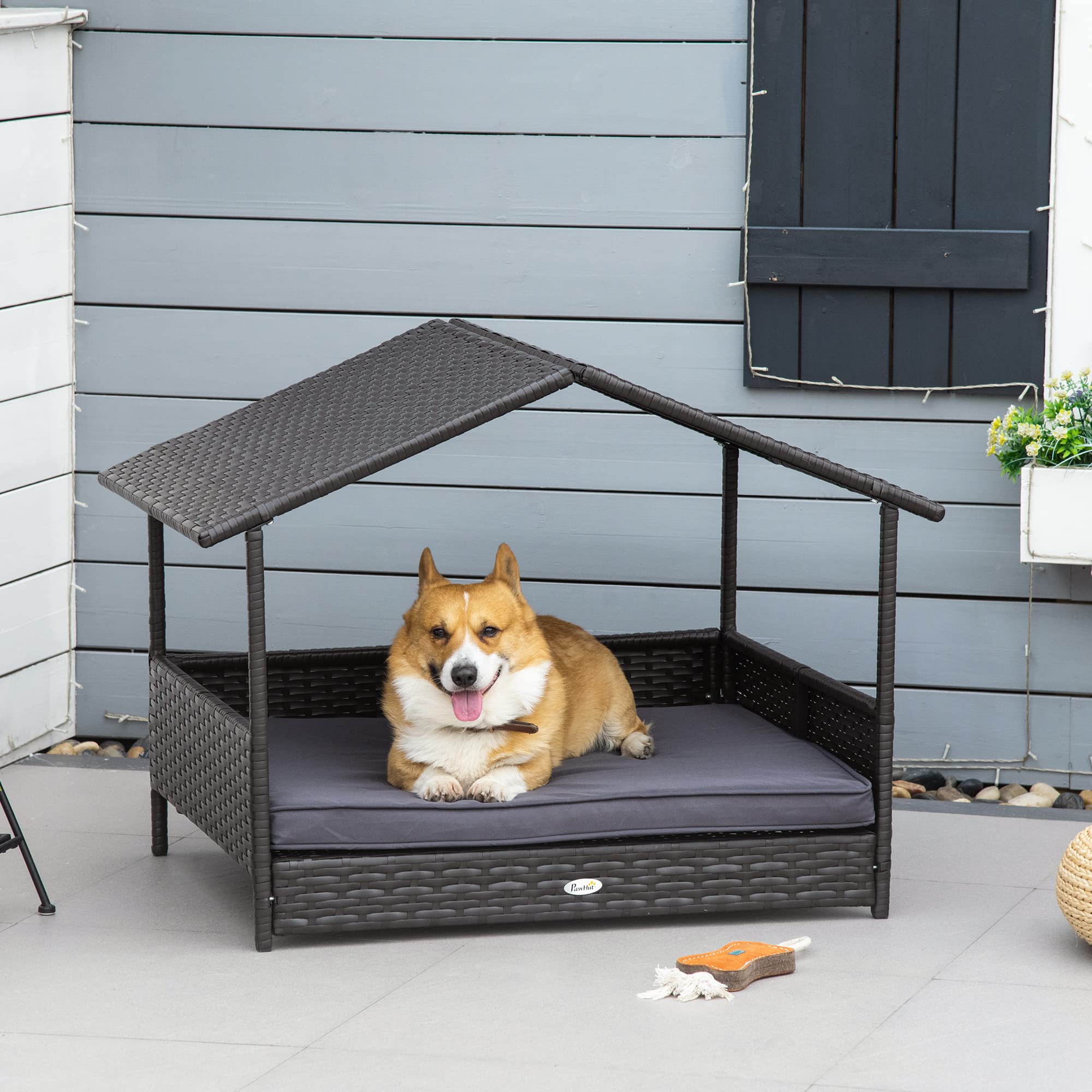 PawHut Wicker Dog House Elevated Raised Rattan Bed for Indoor/Outdoor with Removable Cushion Lounge, Grey