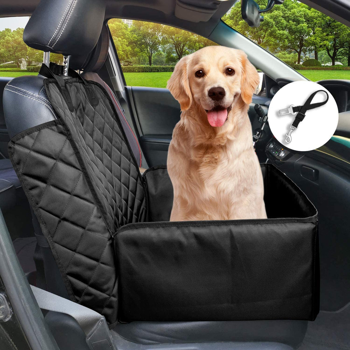 Flow.Month Pet Front Seat Cover Pet Booster Seat,Deluxe 2 In 1 Dog Seat Cover For Cars Waterproof Dog Front Seat Cover Pet Bucket Seat Cover With Safety Belt(Black)