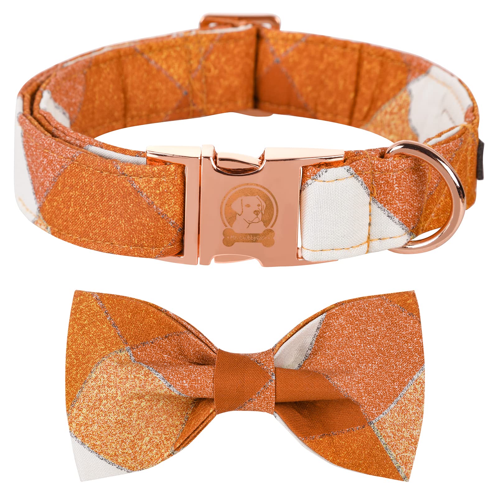 Mr. Chubbyface Fall Adjustable Dog Collar Bow Tie - Cute Plaid For Small, Medium, Large Dogs - Orange, Girl/Boy