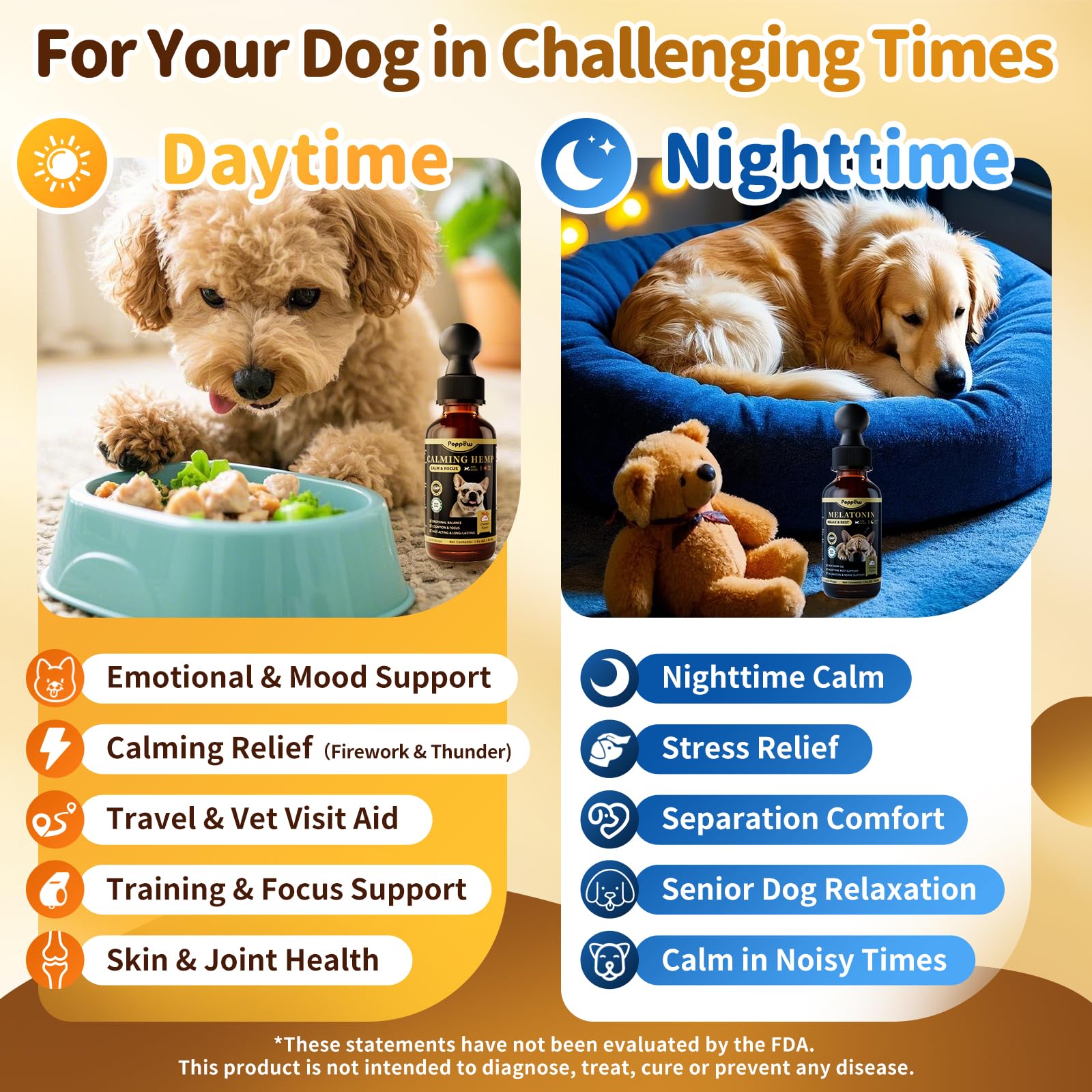 POPPAW Dog Calming & Melatonin Drops, Day & Night Calm Support Set, Soothe Separation & Stress, Enhance Calmness & Sleep with Va