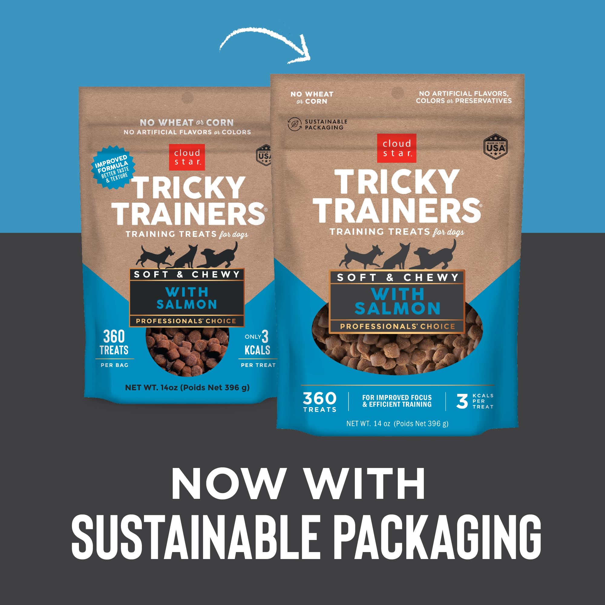 Cloud Star Tricky Trainers Soft & Chewy Dog Training Treats 14 oz Pouch, Salmon Flavor, Low Calorie Behavior Aid with 360 treats