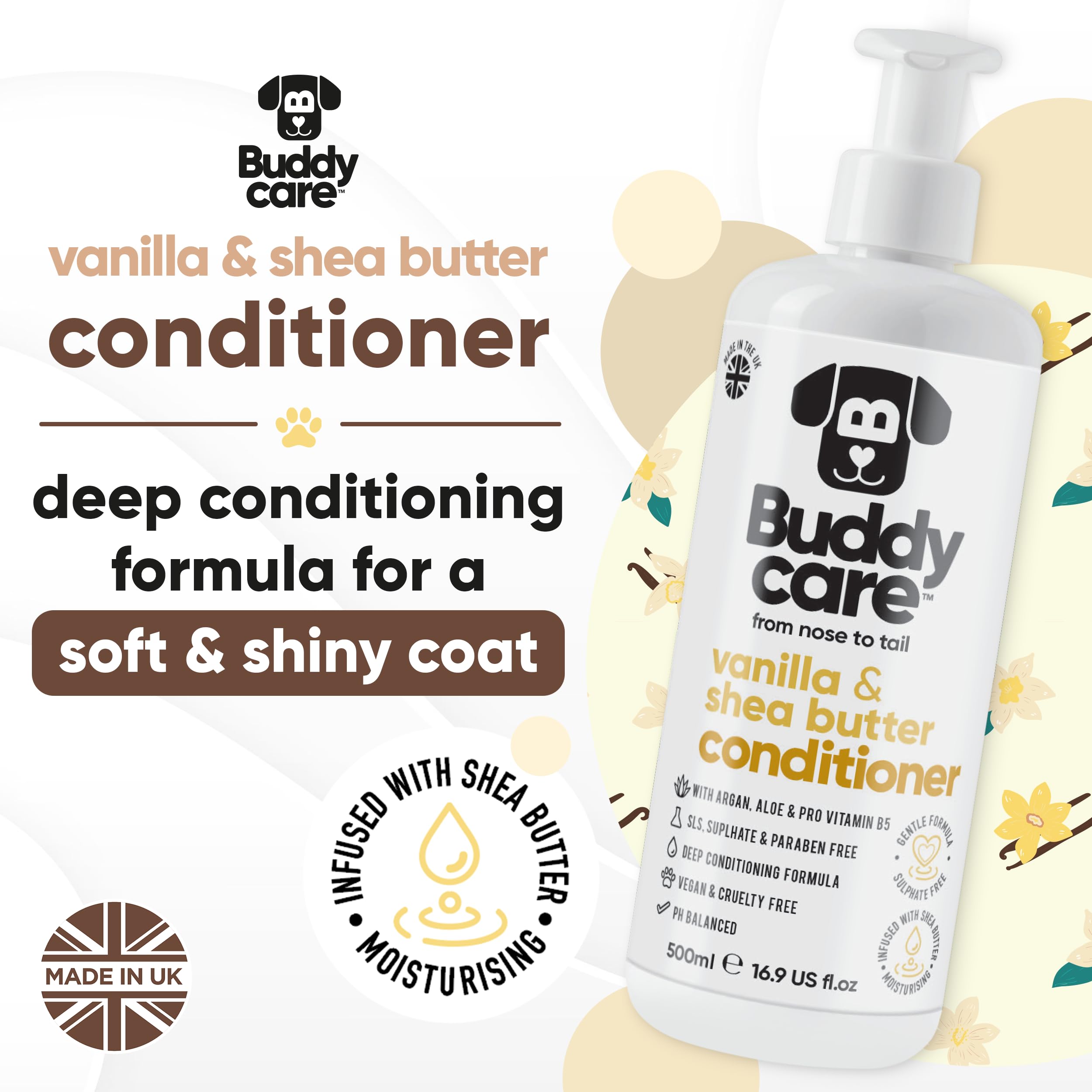Buddycare Vanilla & Shea Butter Dog Conditioner (16.90oz) Aloe Vera, Argan Oil & Pro Vitamin B5 to Detangle Matted Coats & Relie