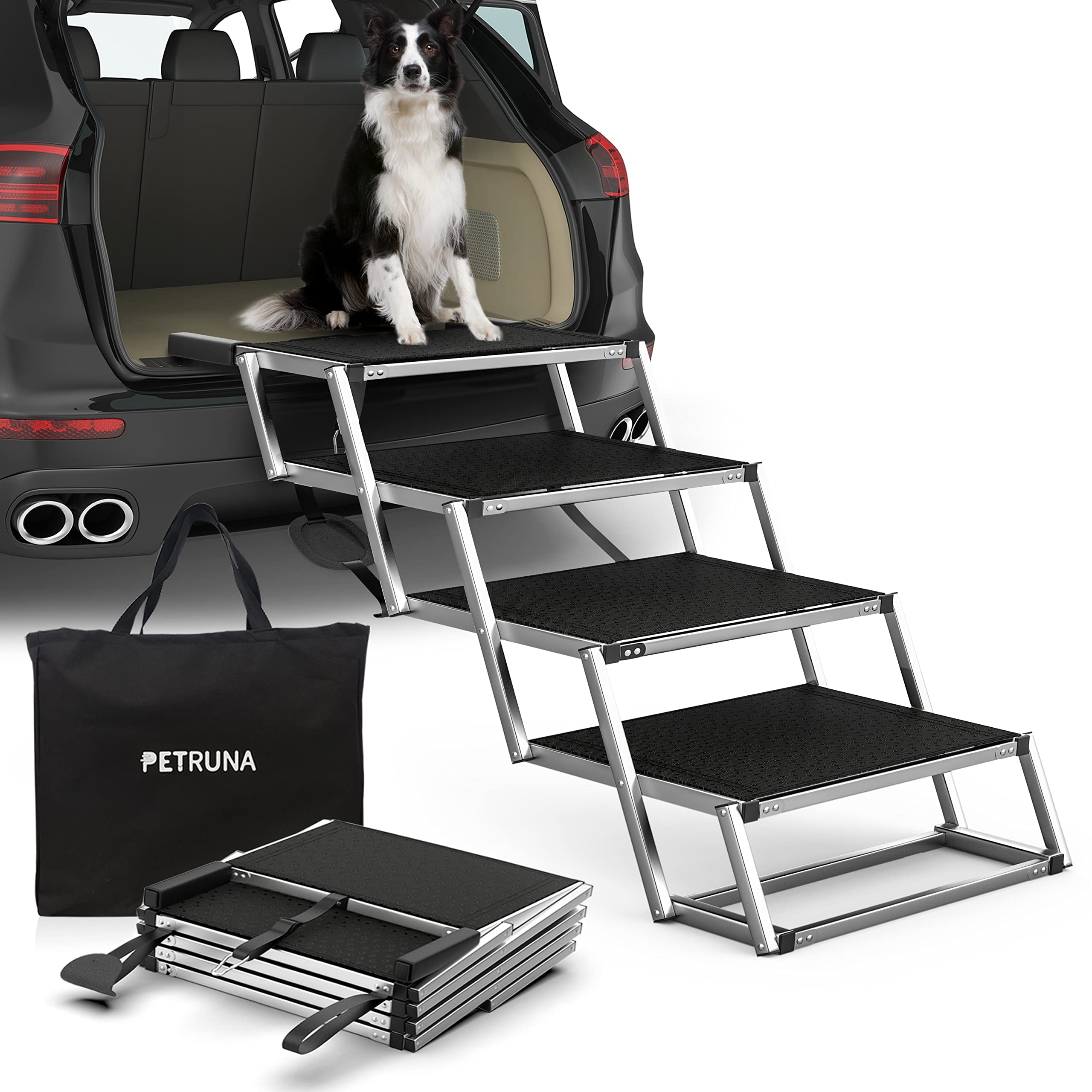 Petruna Extra Wide Dog Stairs For Large Dogs, Foldable Dog Ramp For Car With Non-Slip Surface, Dog Stairs For Cars, High Beds, Truck, Supports Up To 250 Lbs, 4 Steps